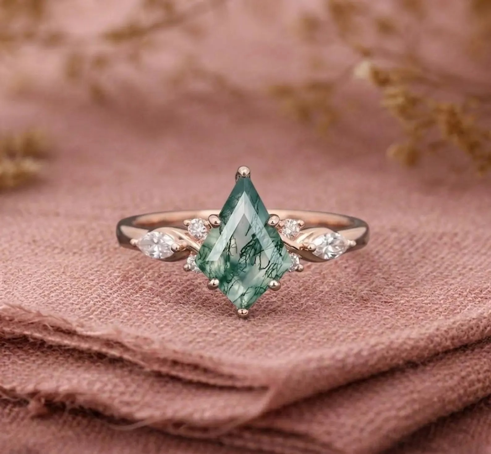 Vintage Moss Agate Engagement Ring, Kite Cut Moss Agate Ring, Leaf Diamond Cluster 925 Sterling Silver Nature Inspired Jewelry, Ring for Her