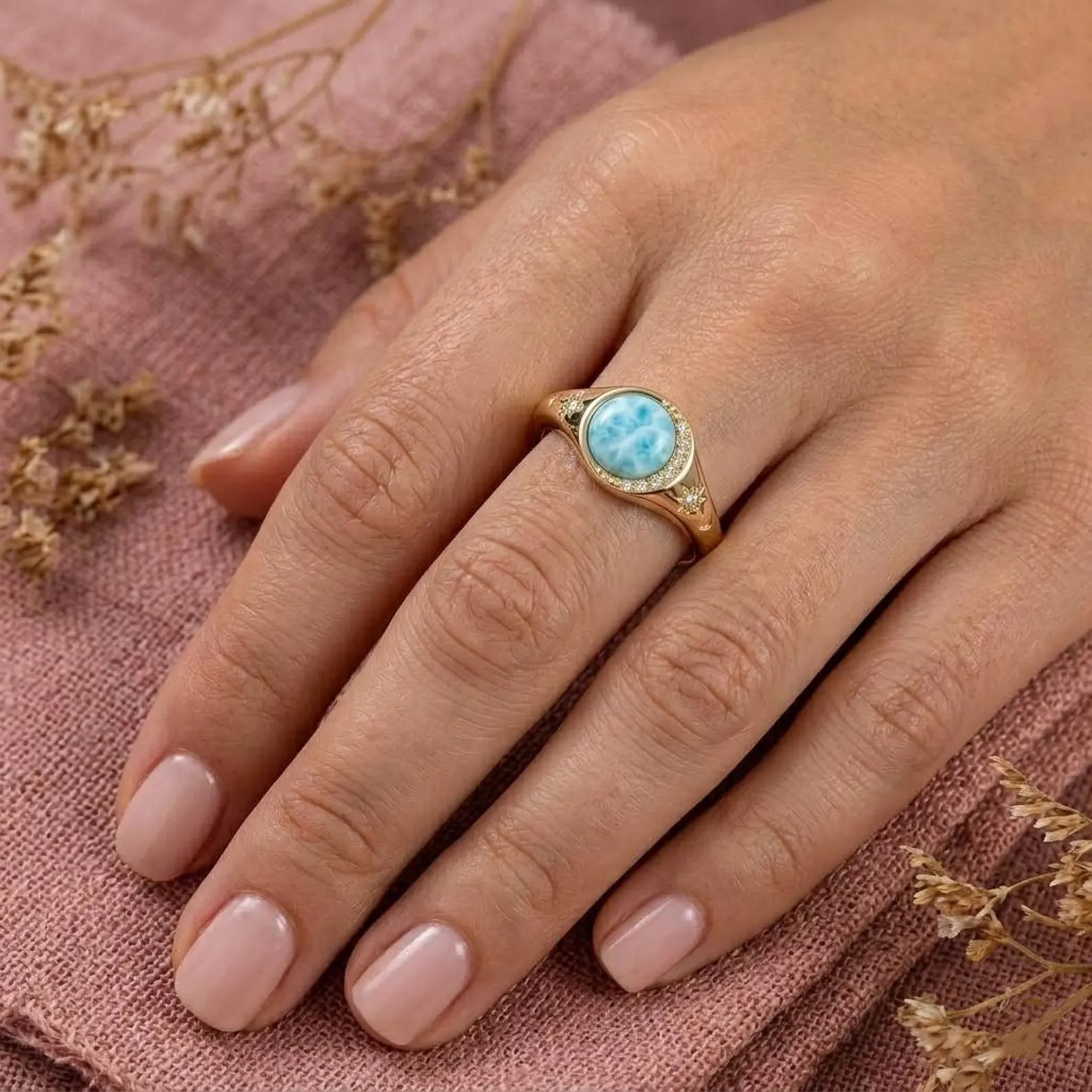 Crescent Moon Larimar Ring Gold Celestial Ring Blue Stone Ring Star Engraved Band Minimalist Dainty Jewelry Gift for Her Christmas Gifts