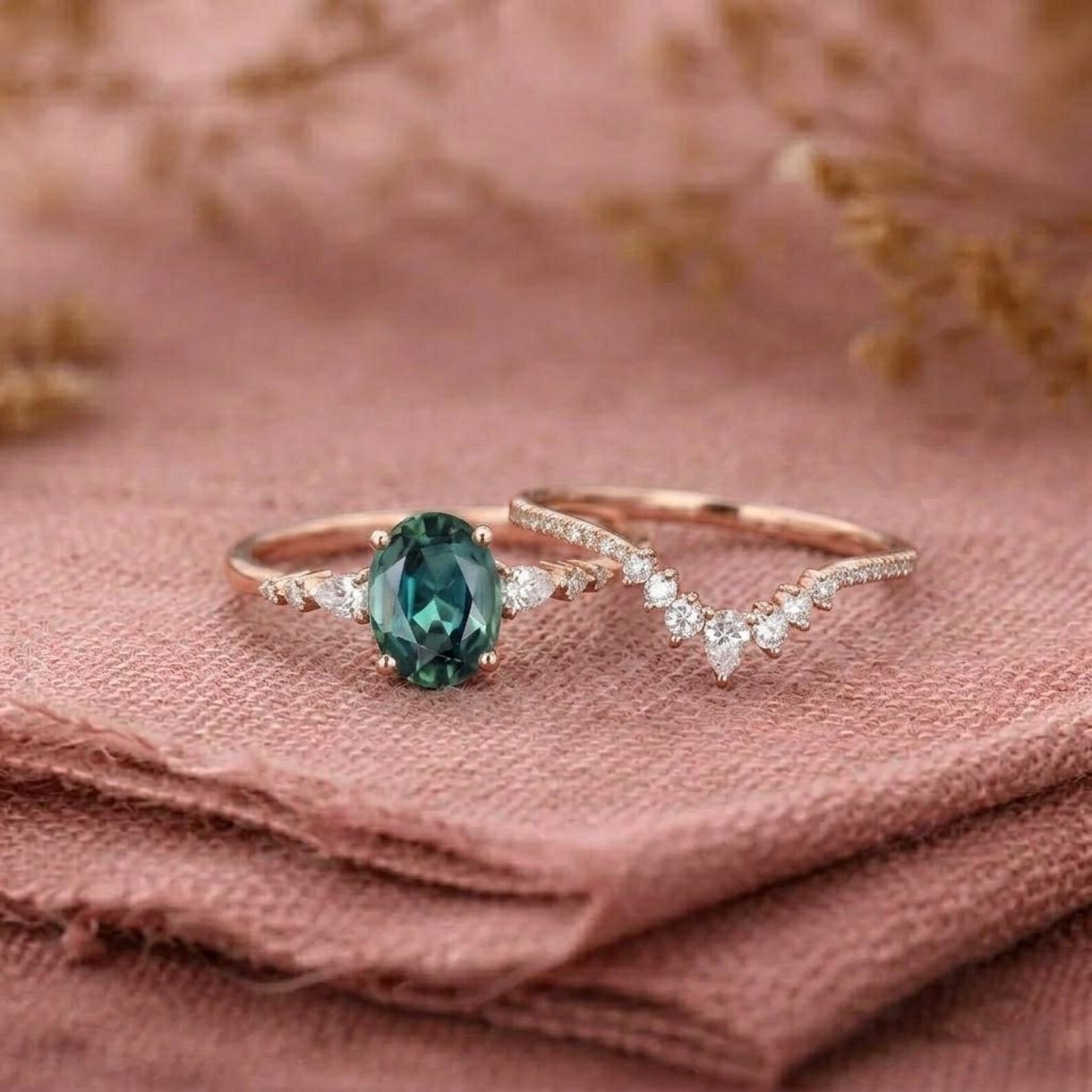 Oval Cut Bridal Ring Set, Teal Sapphire Engagement Ring, Vintage Wedding Ring Set, Rose Gold Promise Ring Set, Art Deco Bridal Jewelry
