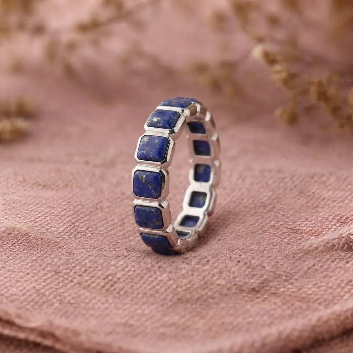 Lapis Lazuli Ring, Blue Gemstone Band, Sterling Silver Eternity Ring, Asscher Cut Natural Wedding Band, Stackable Ring, Boho Jewelry Gift