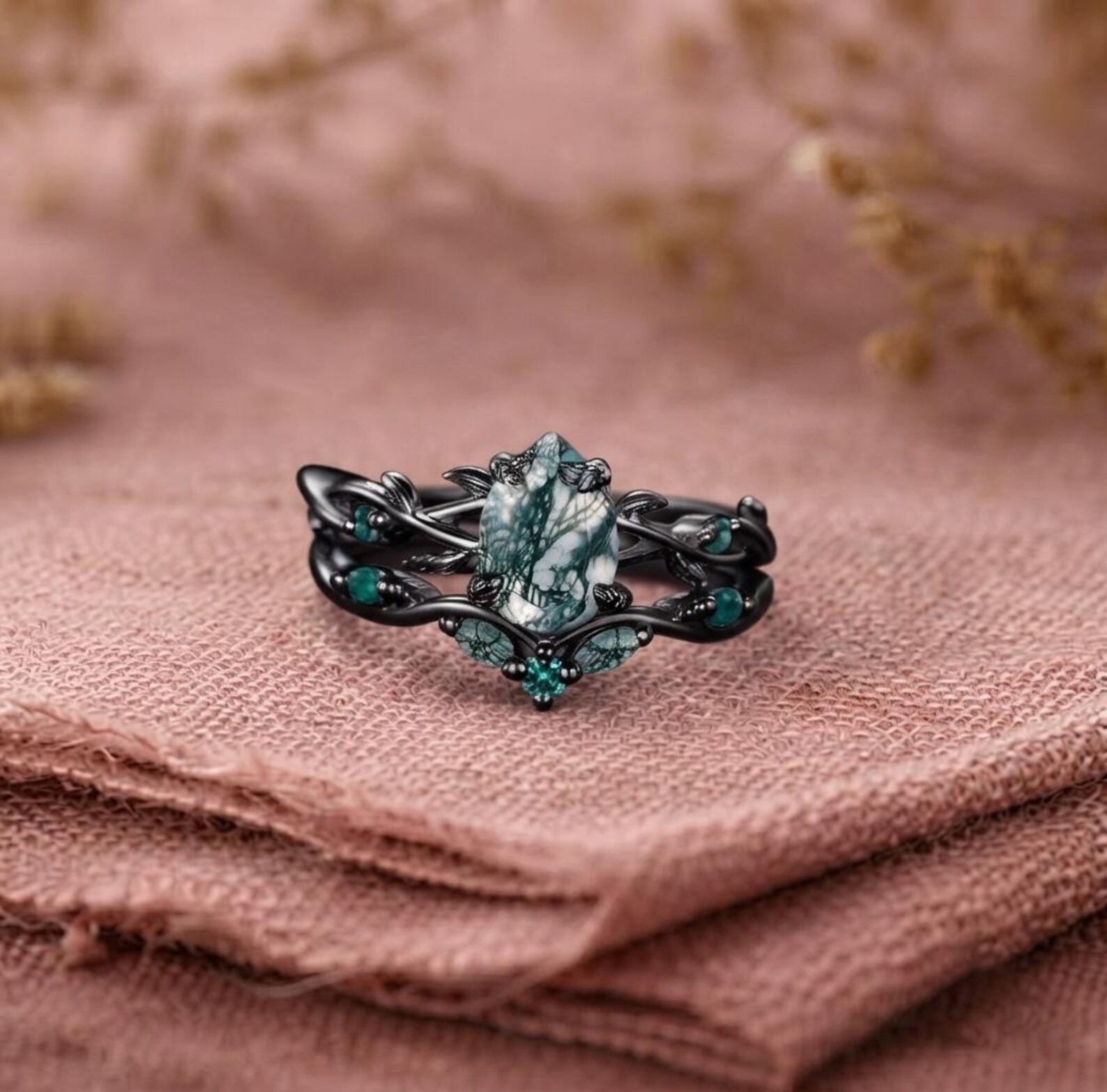9K Black Gold Natural Green Moss Agate Engagement Ring Set, 1.25ct Twig Vine Pear Moss Agate Emerald Bridal Set, Goth Black Promise Ring Set
