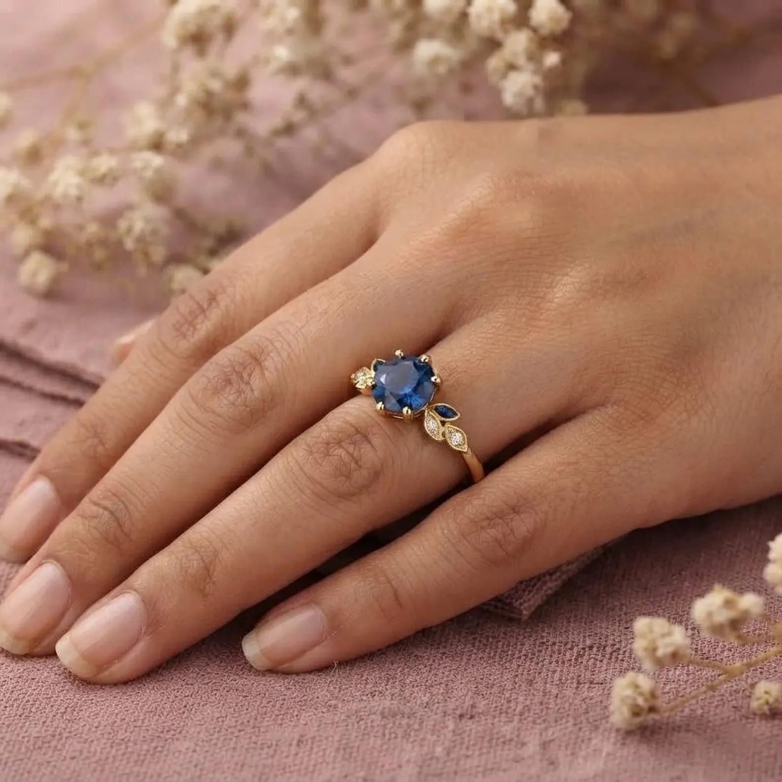 Sapphire Blue Gold Ring, Vintage Floral Ring, Round Blue Gemstone Ring, Dainty Bridal Promise Ring, Elegant Engagement Ring, Gift For Her