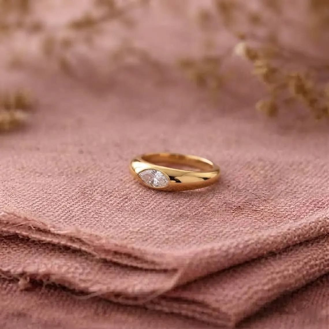 14K Solid Gold Marquise Diamond Bezel Ring – Minimalist Pinky Dome Statement Piece Ring