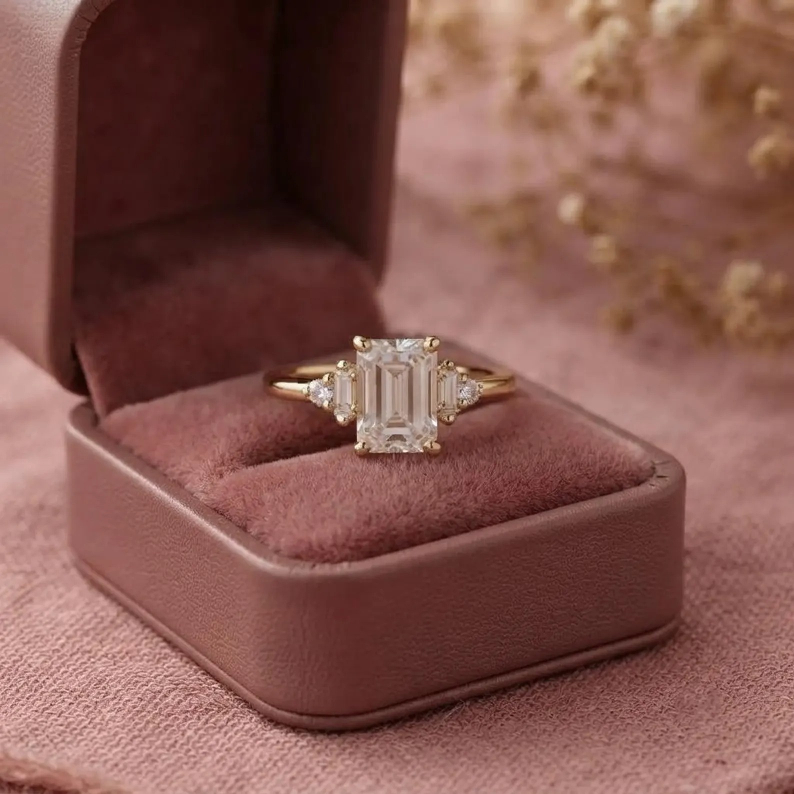 Emerald Cut Moissanite Five Stone Ring, Vintage Baguette & Round Cut Diamond Engagement Ring, 9K Solid Rose Gold Proposal Ring, Gift for He