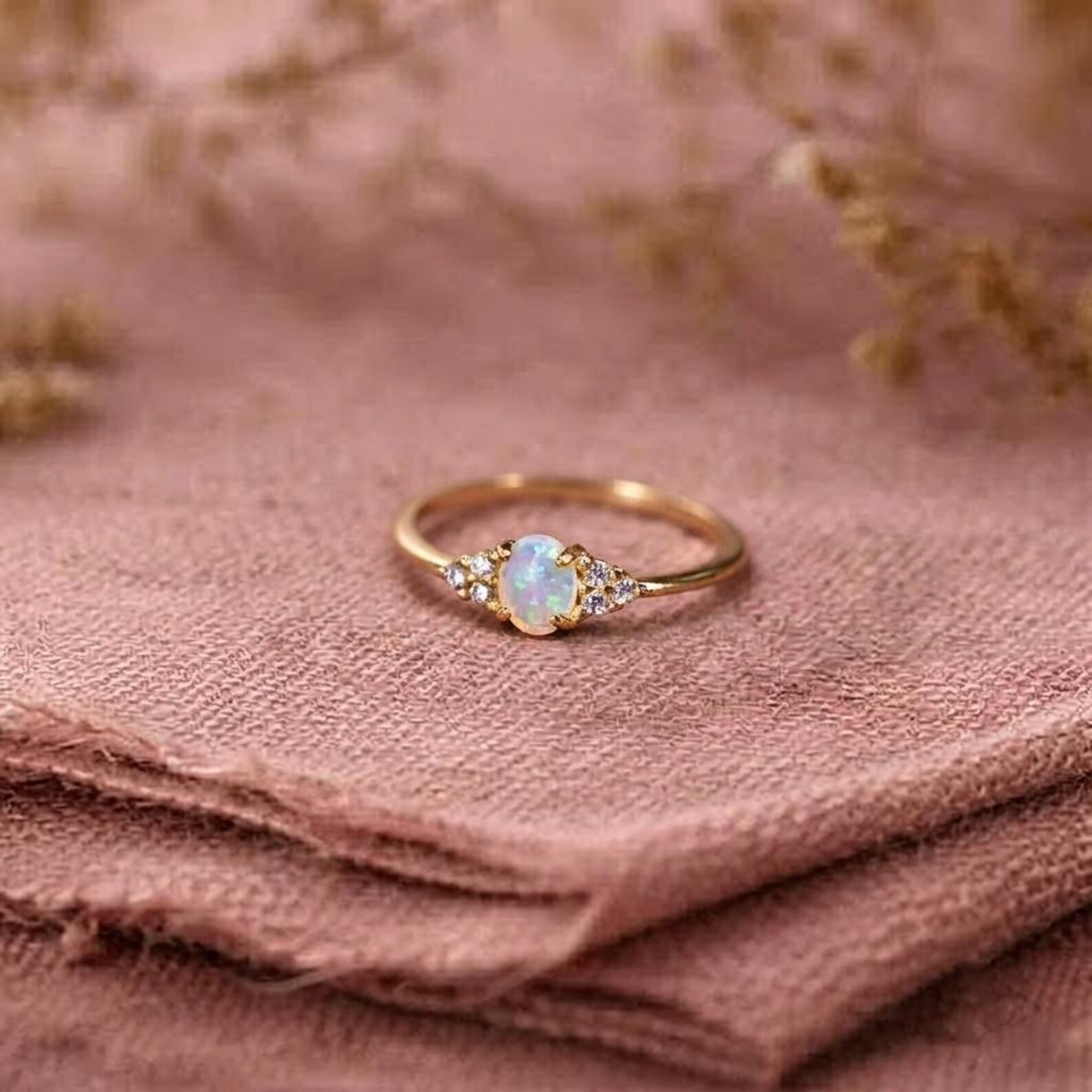 Natural Opal 14k Gold Ring,Oval Engagement Ring,Diamond & Opal Ring,Dainty Opal Ring,Promise Ring,October Birthstone,Birthday Gift for Her
