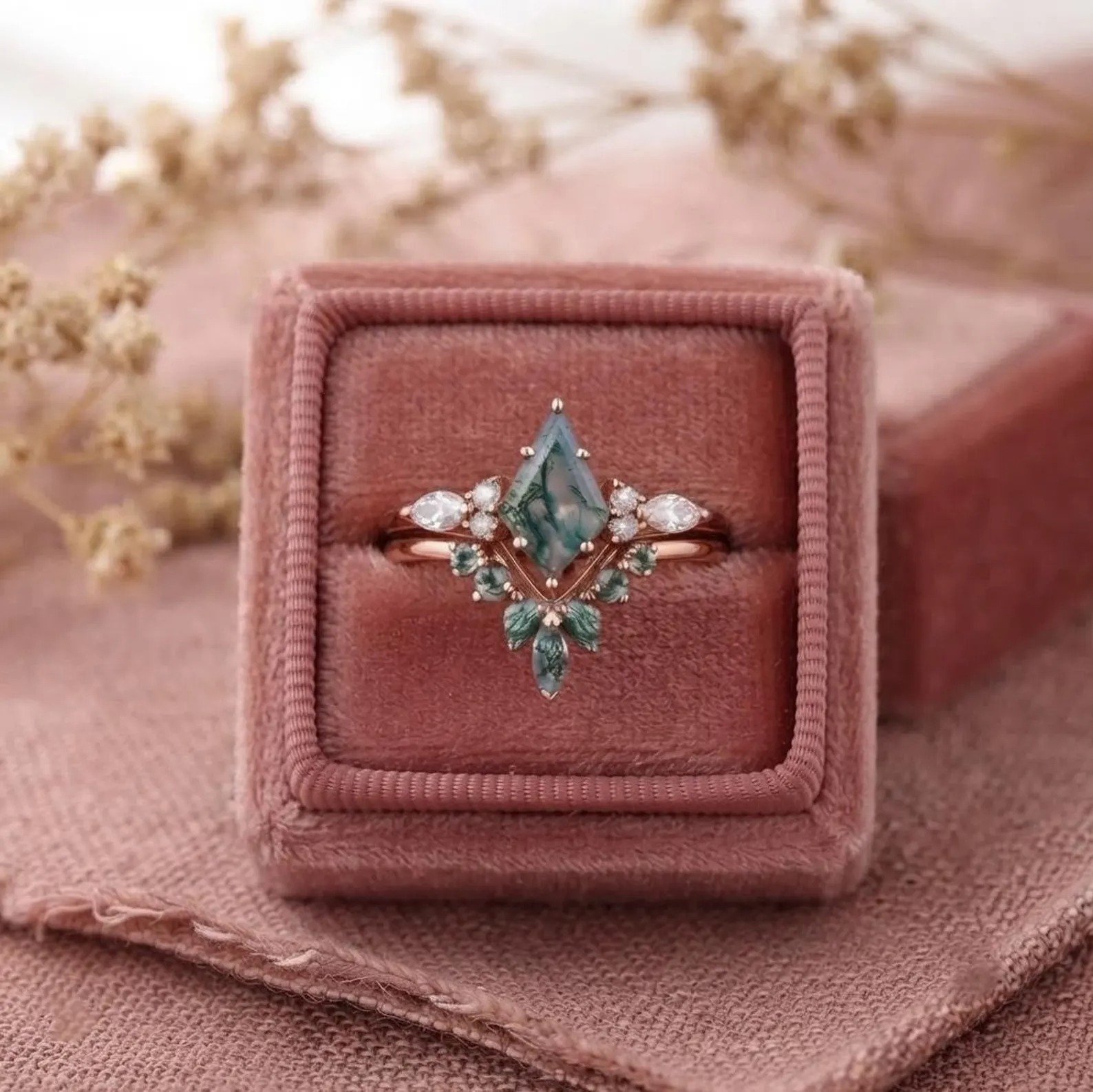 Vintage kite cut green moss agate engagement ring set, 14k rose gold marquise cut Moss agate ring for women, unique bridal wedding ring set
