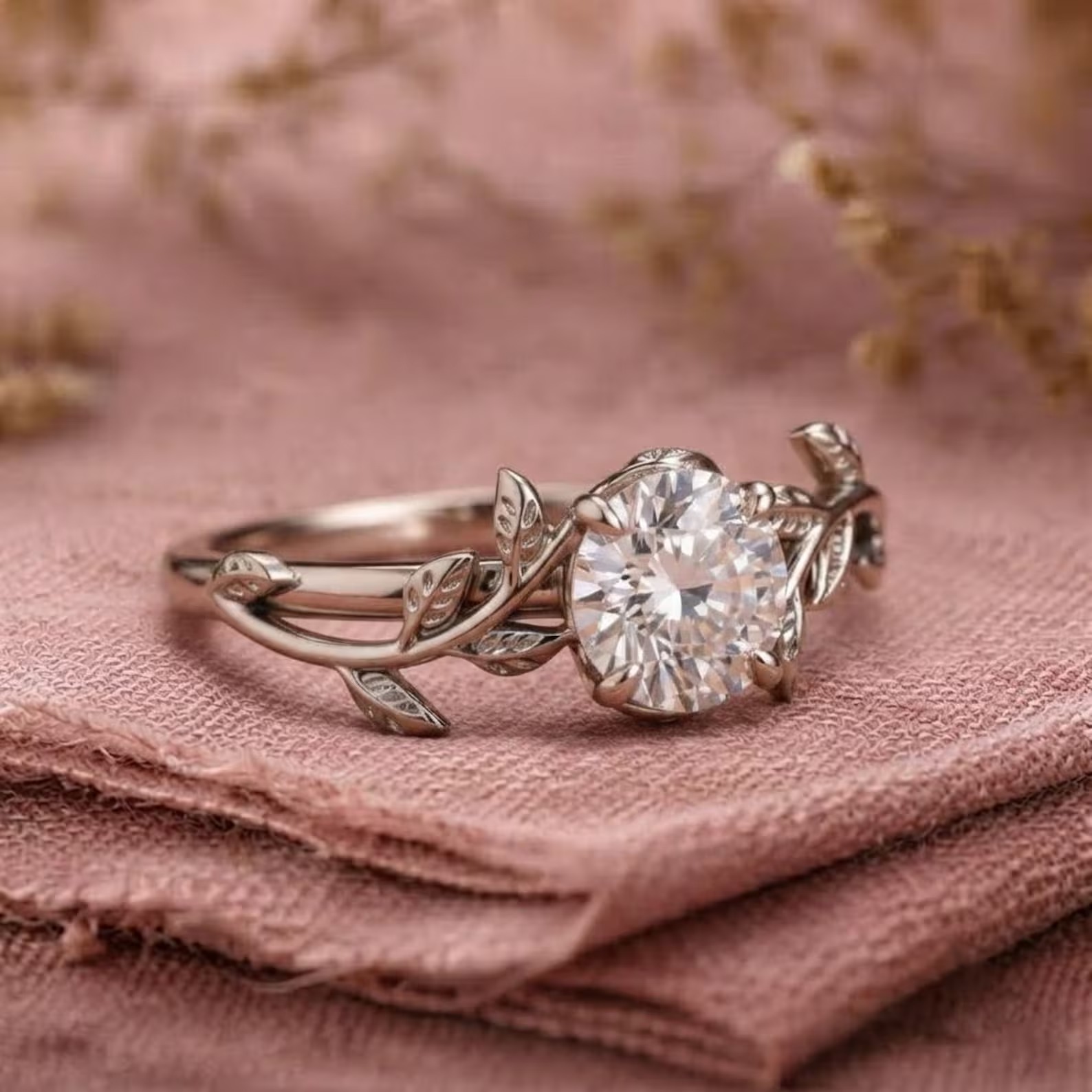Round Moissanite Leaf Engagement Ring, Sterling Silver Vine Band, Nature Inspired Bridal Wedding Ring, Brilliant Diamond Anniversary Gift