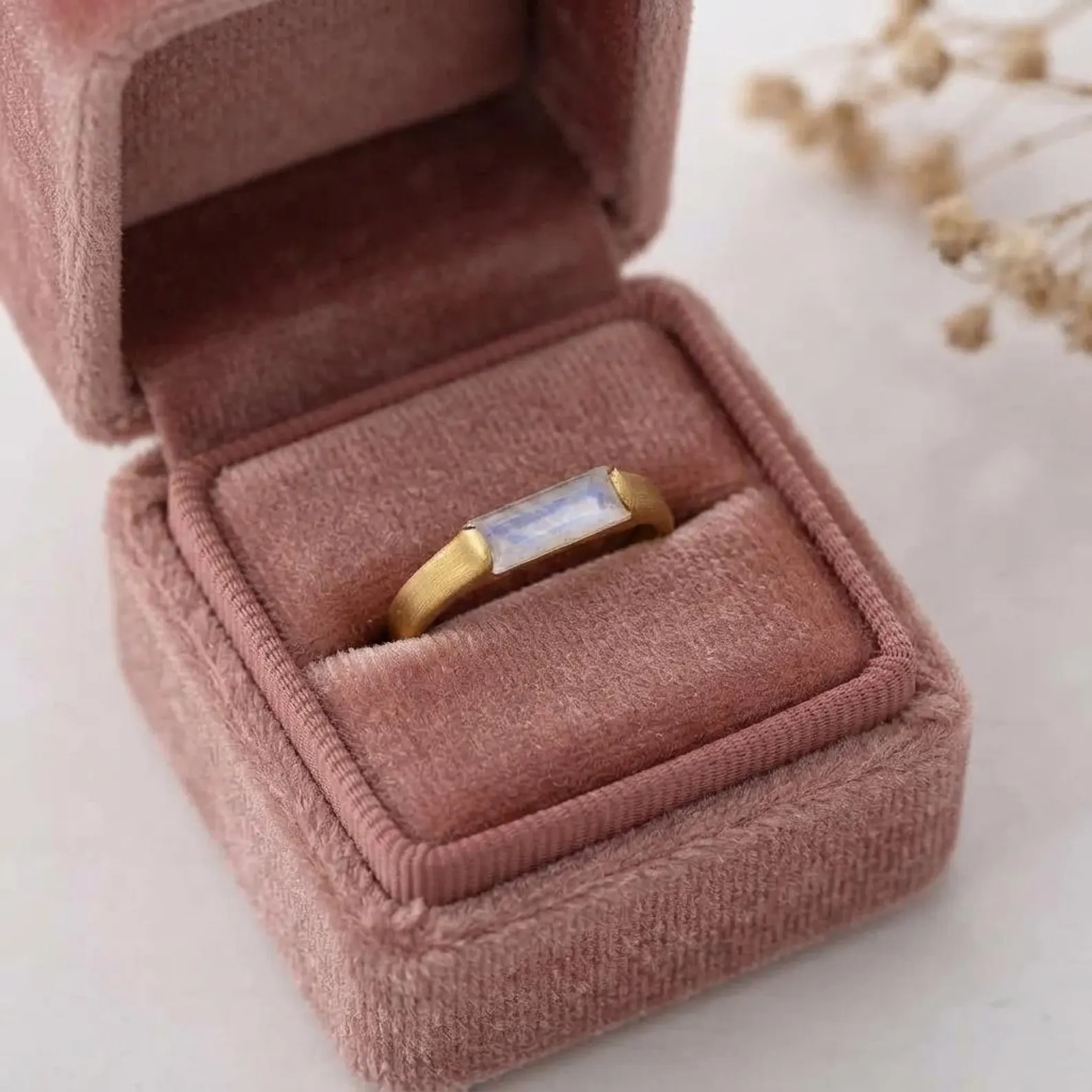 Natural Moonstone Rectangle Bar Ring, 18K Gold Filled 925 Sterling Silver Ring, Handmade Ring, Wedding Jewelry, White Rainbow, Gift Ring