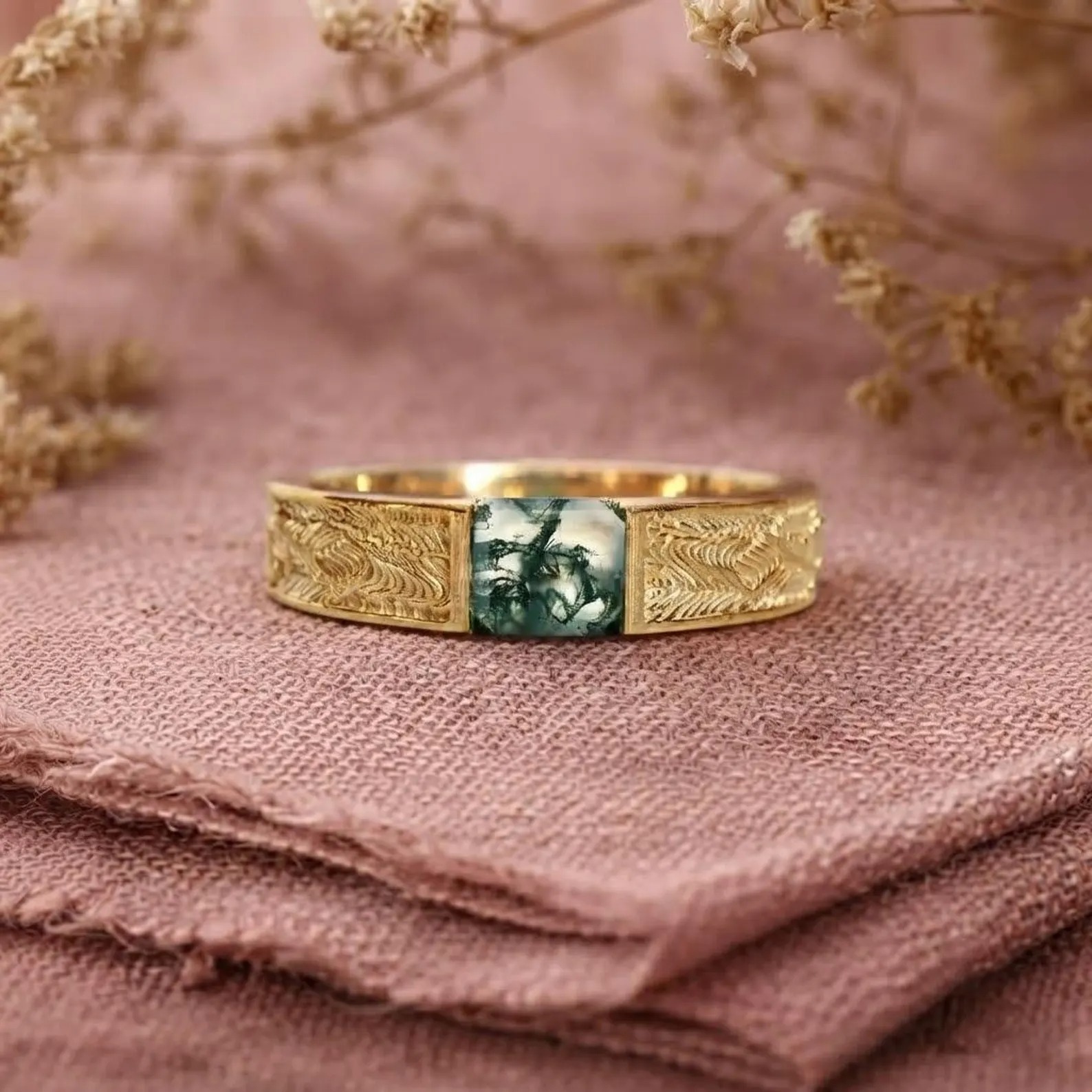 Natural Green Moss Agate Ring, Men's Ring, Men's agate Wedding Band, Baguette Cut Green Agate Band, Wedding Handmade Ring Personalized Gift