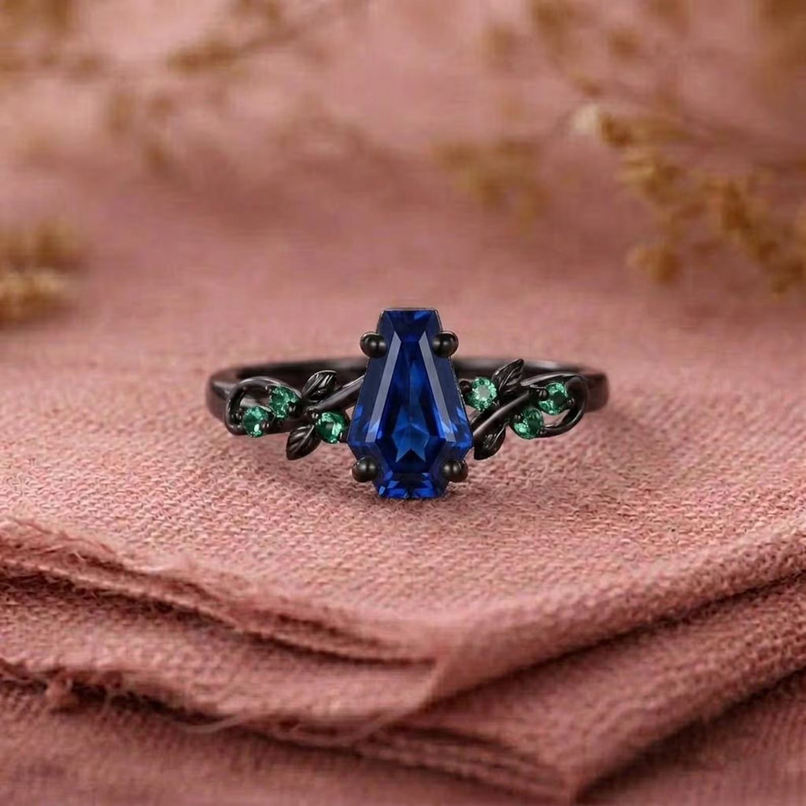 Blue Sapphire Coffin Ring, Black Gold Engagement Ring, Gothic Leaf Wedding Ring, Nature Inspired Promise Ring, Alternative Bridal Jewelry