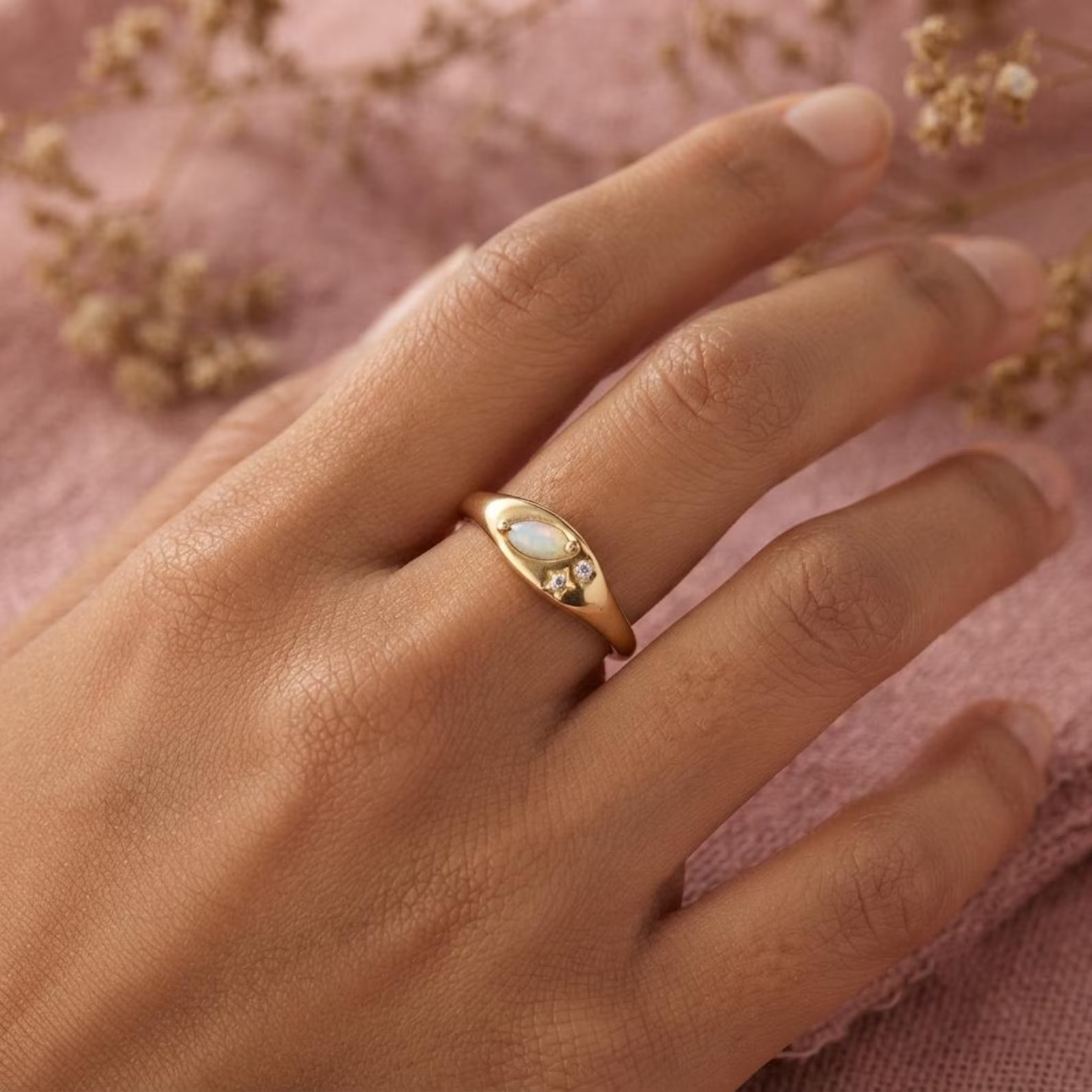 Unique Marquise Natural White Fire Opal Wedding Band, Solid Gold Signet Ring, Stacking Matching Diamond Band, Anniversary Ring Gift For Wife