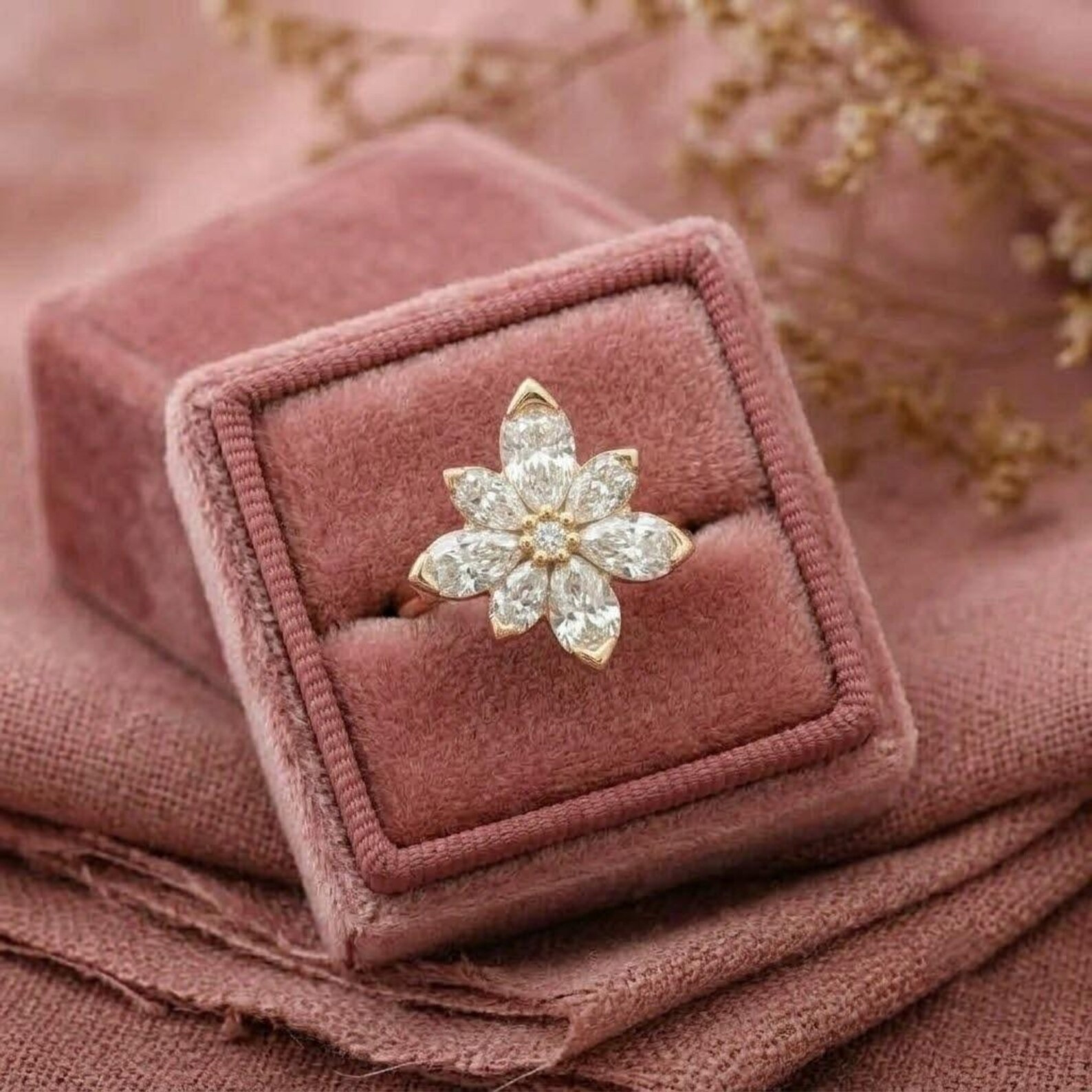 Flower Moissanite Engagement Ring, Unique Nature Inspired Bridal Ring, Pear Cut Moissanite Ring, 14K Rose Gold Ring, Dainty Moissanite Ring