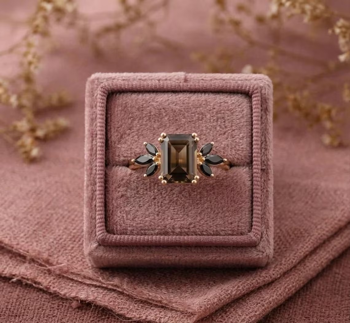 Smoky Quartz & Black Onyx Ring, Emerald Cut Smoky Quartz Ring Solitaire Ring For Women, Anniversary Ring-Statement Ring, Gift For Her