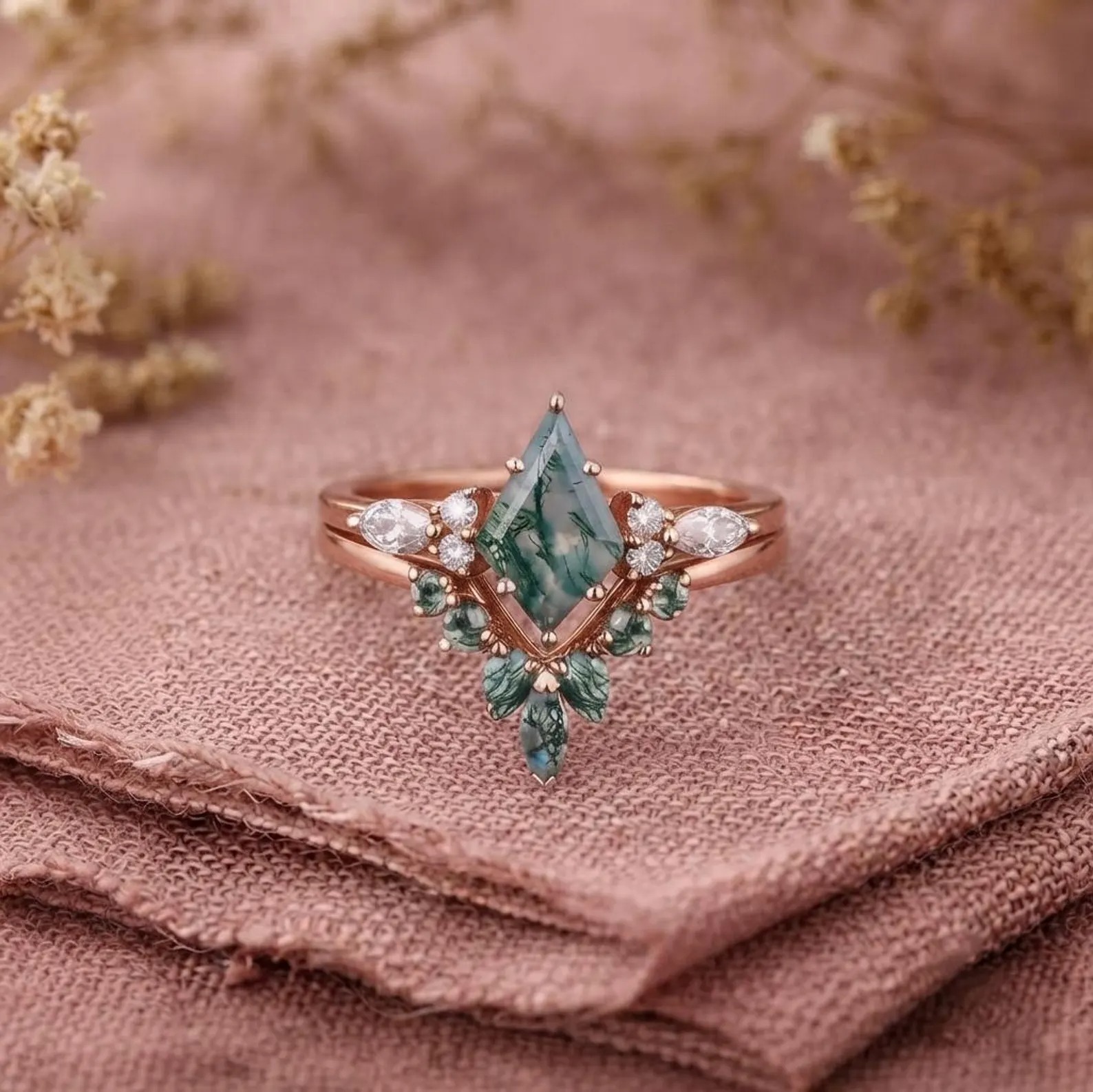 Vintage kite cut green moss agate engagement ring set, 14k rose gold marquise cut Moss agate ring for women, unique bridal wedding ring set