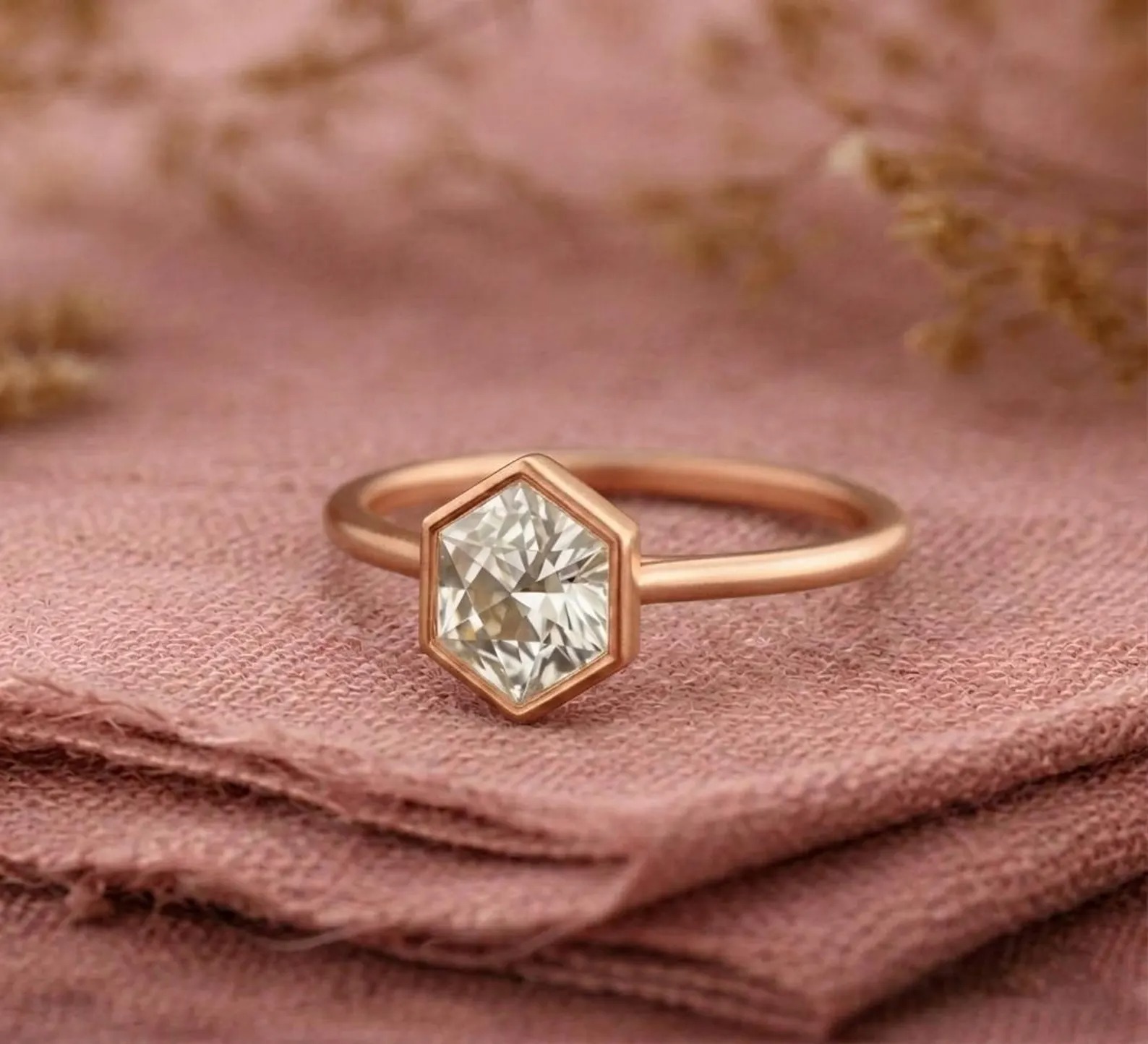Hexagon Moissanite Engagement Ring, Rose Gold Bezel Set Ring, Geometric Solitaire Ring, Minimalist Promise Ring for Her, Bezel Set Ring