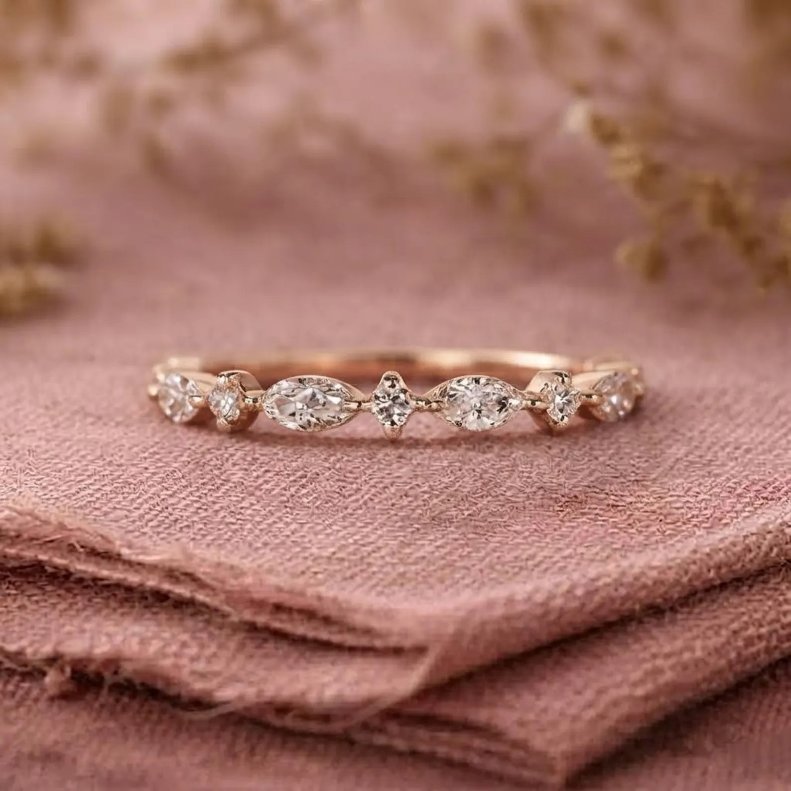 Silver Marquise Moissanite Wedding Band, Leaf Design Eternity Ring, Stackable Bridal Band, Anniversary Gift For Her, Bridal Promise Band