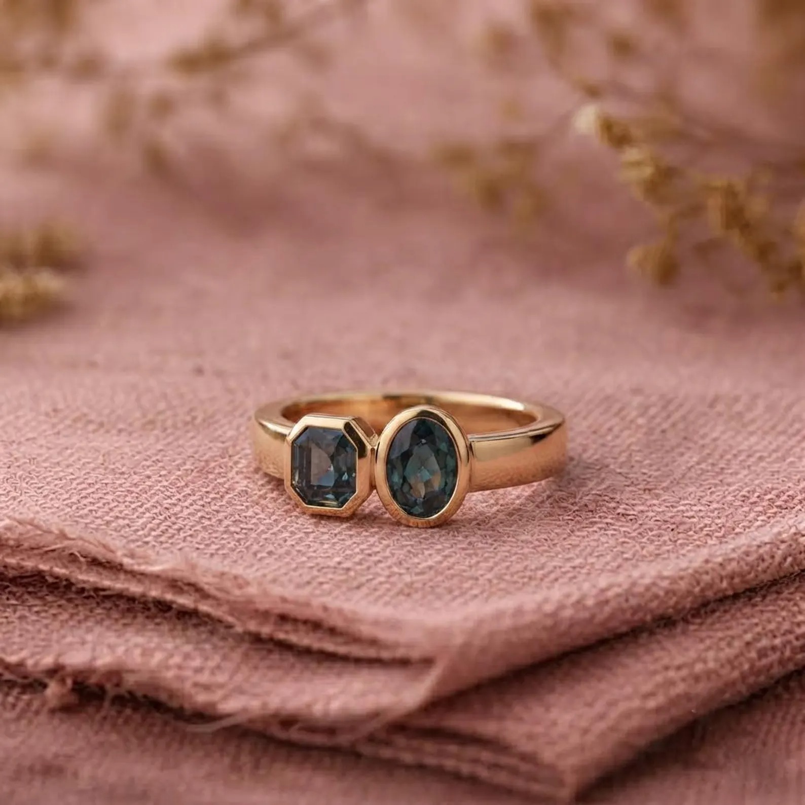 Teal Sapphire Toi Et Moi Ring, Two Stone Sapphire Ring, Teal Green Sapphire Engagement Ring, Gold Couple Ring, Unique Bridal Love Jewelry