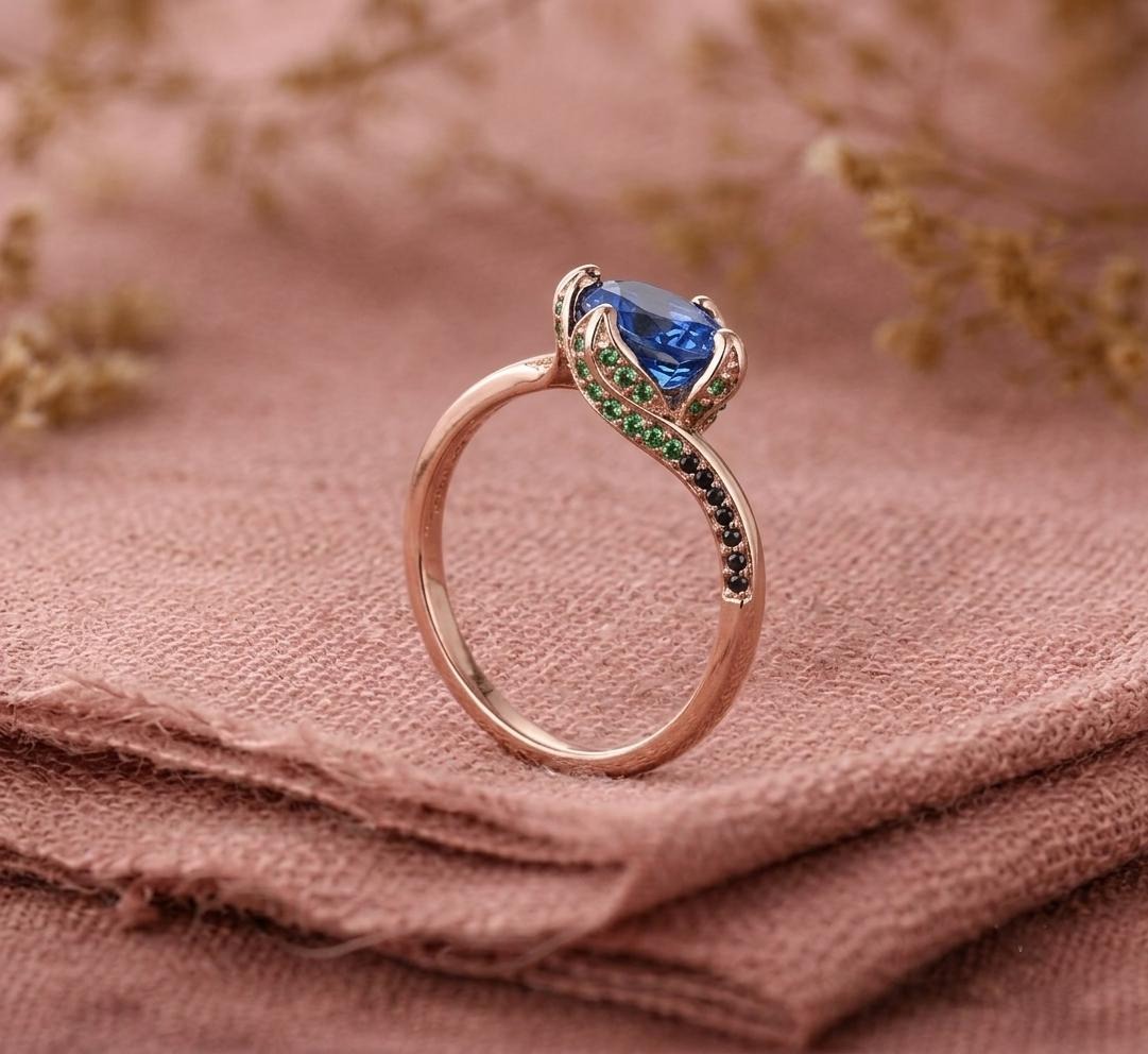Blue Sapphire Engagement Ring, 14k Gold Round Cut Blue Gemstone Ring, Handmade Art Deco Green And Black Accents Ring, Anniversary Jewelry