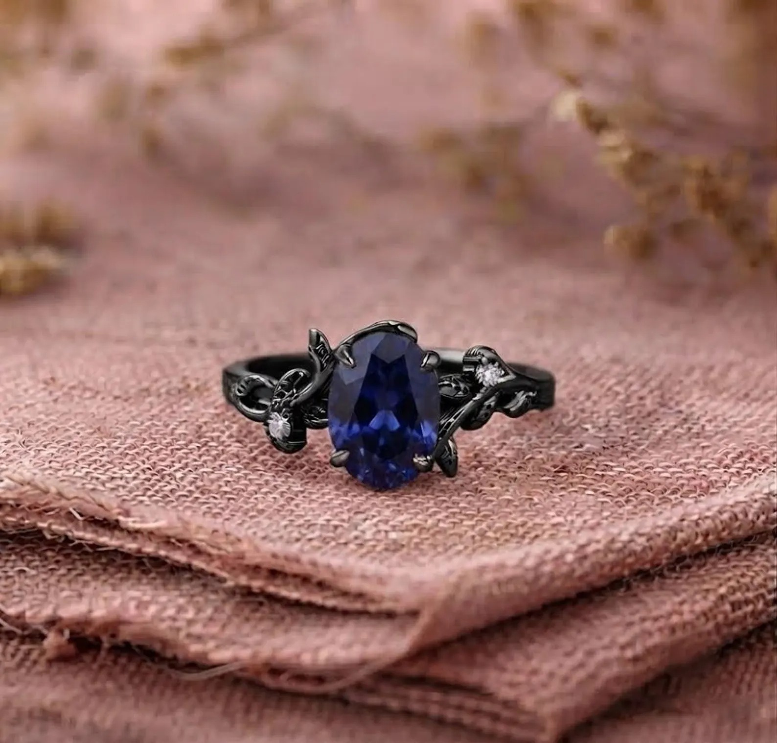 18K Black Gold Oval Cut Blue Sapphire Ring for Wife, Nature Inspired Leaf Ring, Anniversary Gift, Leaf Branch Ring, Vintage Diamond Cluster