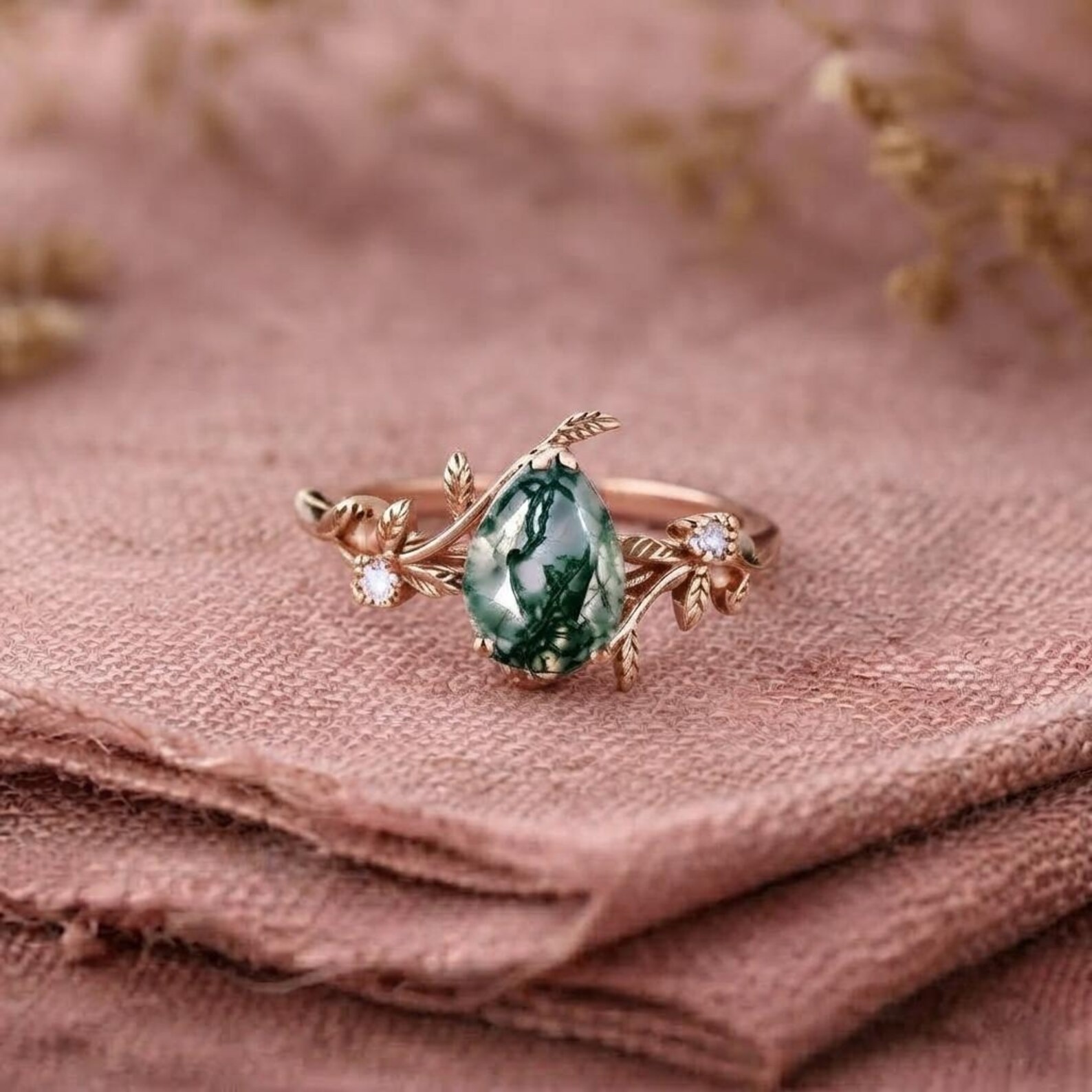 Pear Moss agate Engagement Ring, Leaf Ring, Nature Inspired Ring, Branch Ring, Personalized Ring, Delicate Ring, Promise Ring For Women