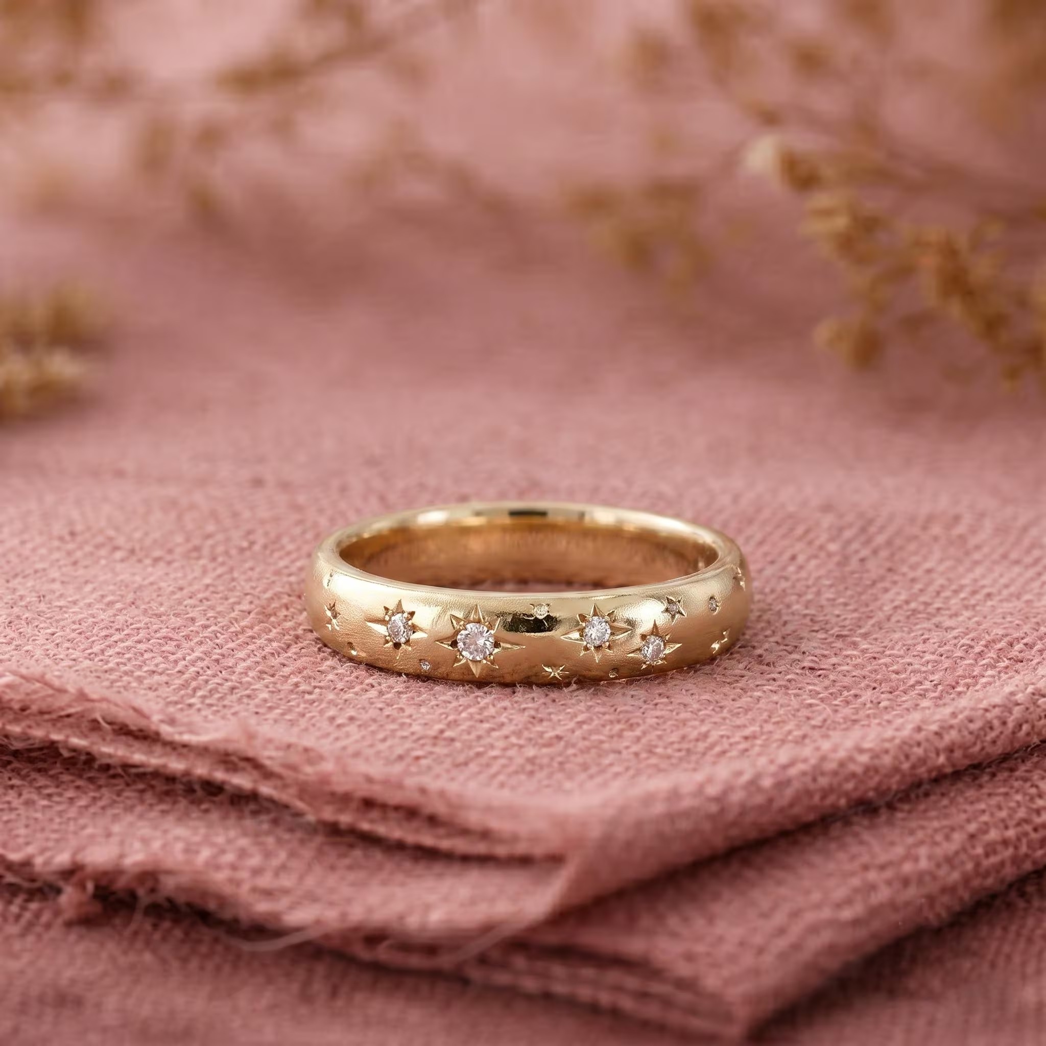 14K Solid Gold Diamond Starburst Wedding Band , Eternity Diamond Band, Star Engraved Stacking Ring, Celestial Ring For Women, Proposal Rings