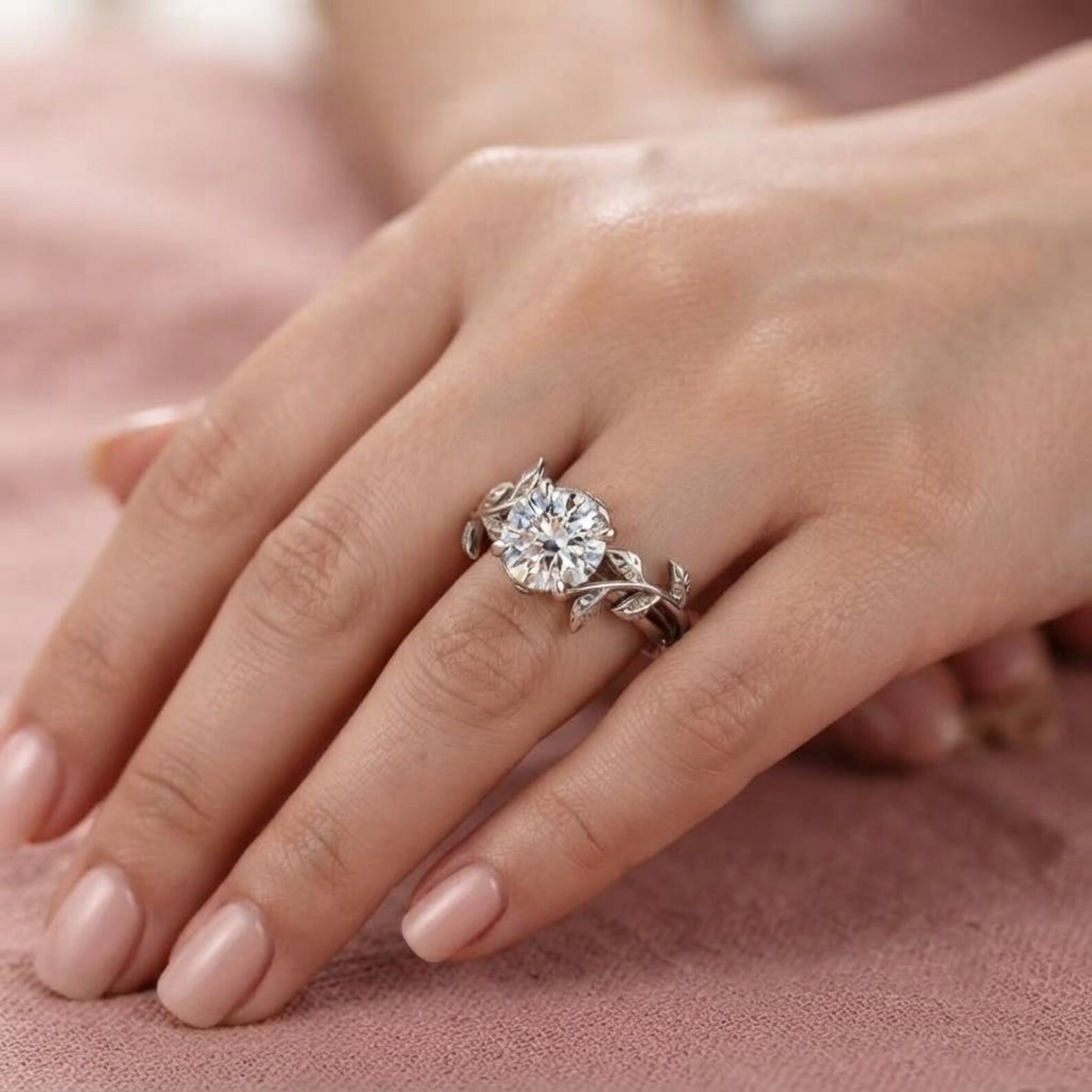 Round Moissanite Leaf Engagement Ring, Sterling Silver Vine Band, Nature Inspired Bridal Wedding Ring, Brilliant Diamond Anniversary Gift