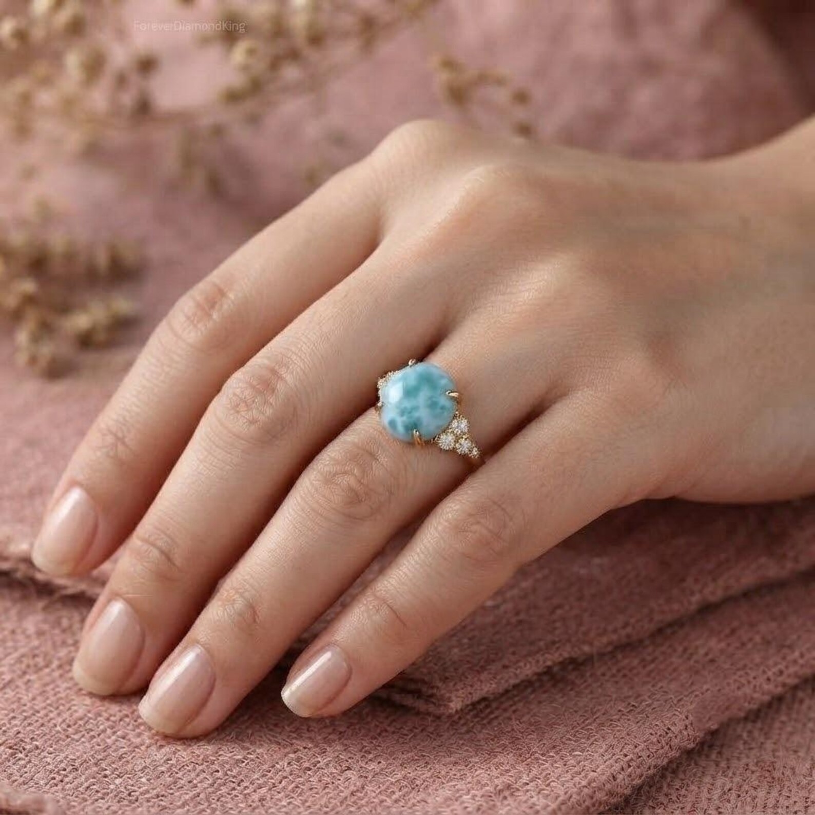 Larimar Ring, 925 Sterling Silver, Minimalist Everyday Jewelry, Round Cut Natural Larimar Engagement Ring, Ocean Blue Gemstone, Gift For Her