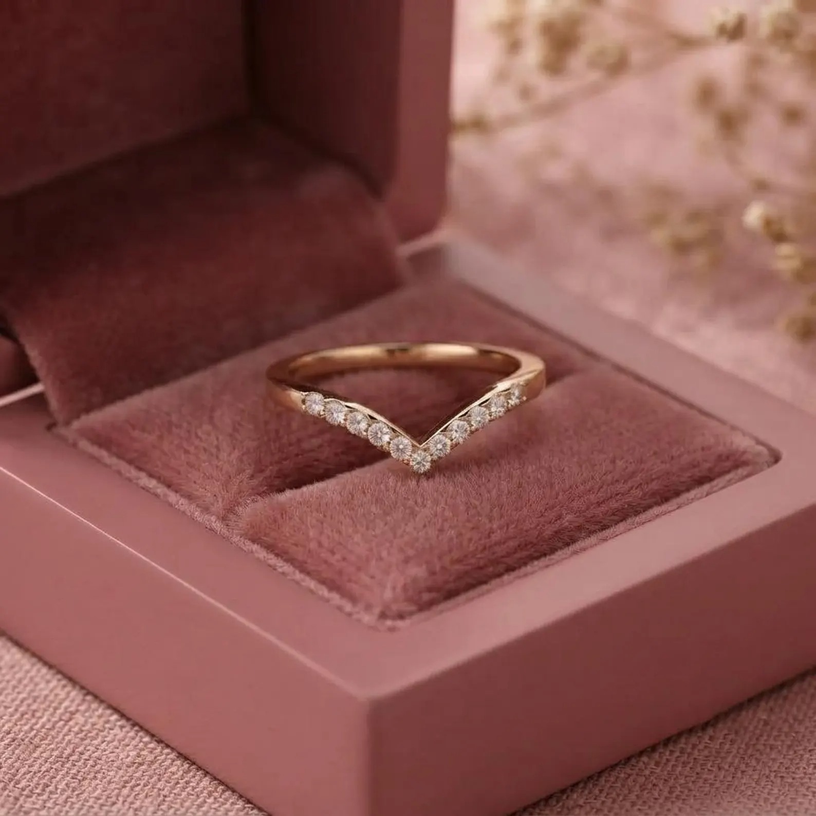 Chevron Wedding Band, Moissanite V Shaped Wedding Band For Women, Vintage Diamond Curved Matching Band, Half Eternity Moissanite Band Ring