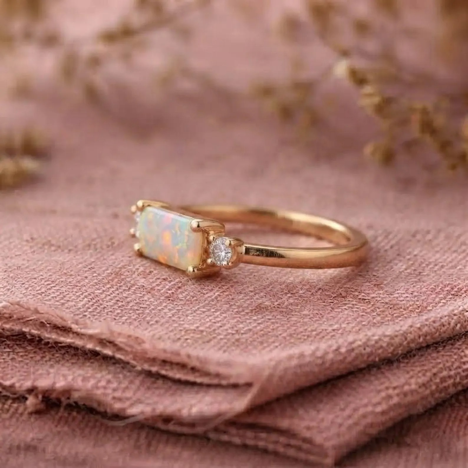 Minimalist Opal Ring Rose Gold Three Stone Baguette Cut Opal Ring Dainty Moissanite Ring Engagement Ring Personalized Ring Gemstone Gift