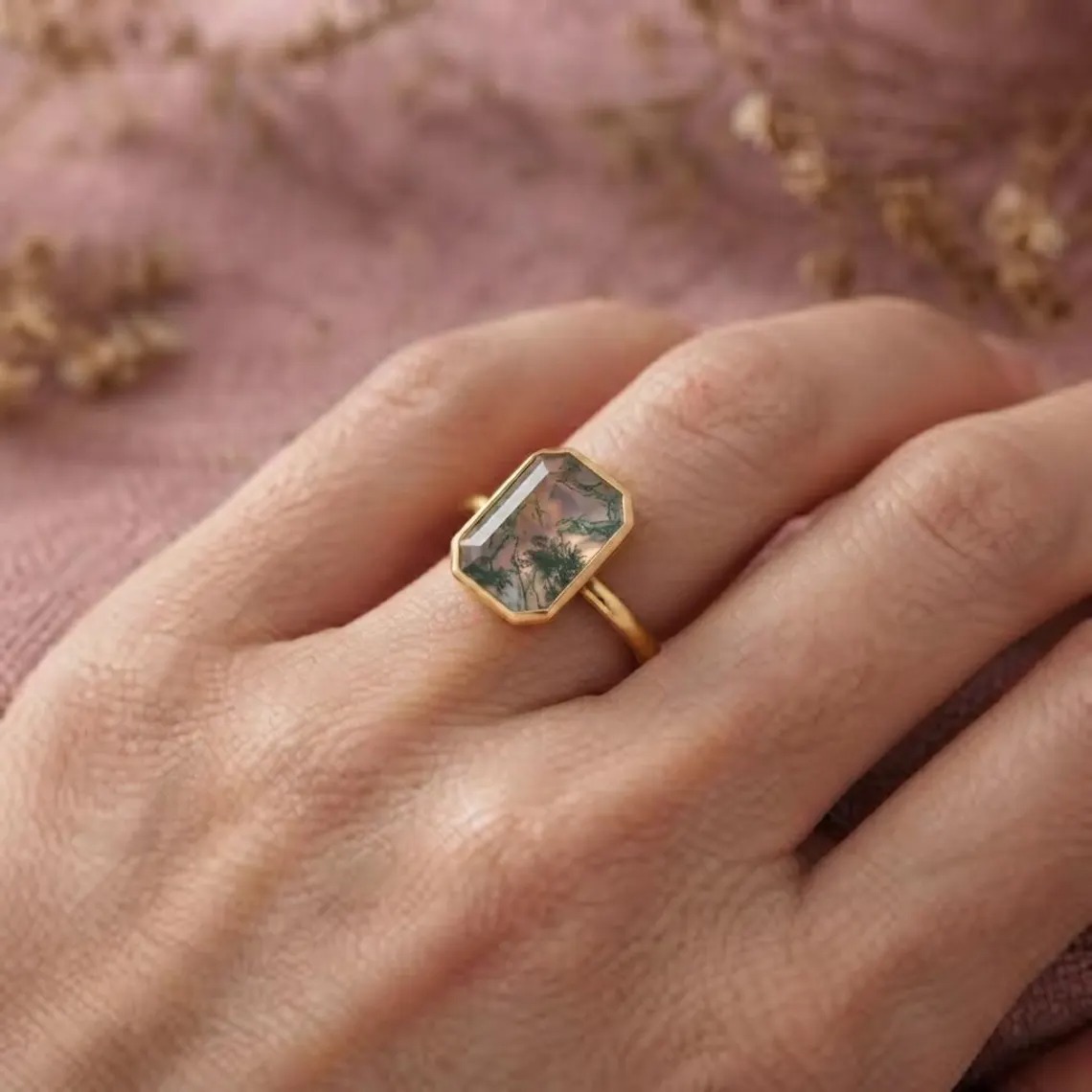 Vintage Bezel Setting Moss Agate Ring, Emerald Cut Solitaire Nature Inspired Ring, June Birthstone Green Ring, Moss Agate Engagement Ring