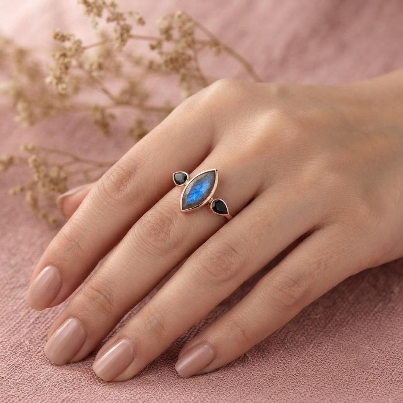 Marquise Cut Labradorite Ring, 14K Rose Gold Nature Inspired Engagement Ring, Pear Black Onyx Cluster Promise Ring, Unique Minimalist Ring
