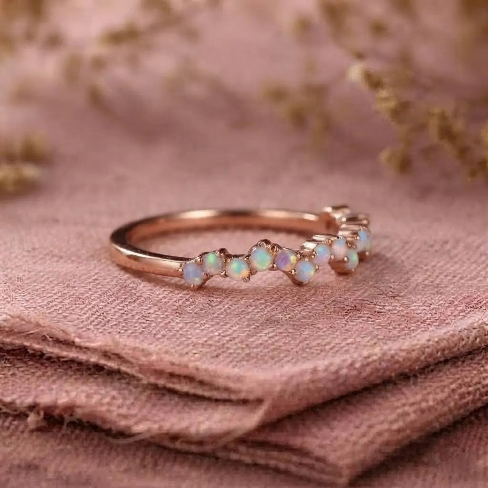 Opal Ring, Vintage Opal Band, Opal Wedding Band, 14k Rose Gold Opal Ring, Dainty Opal Ring, October Birthstone Ring, Matching Band