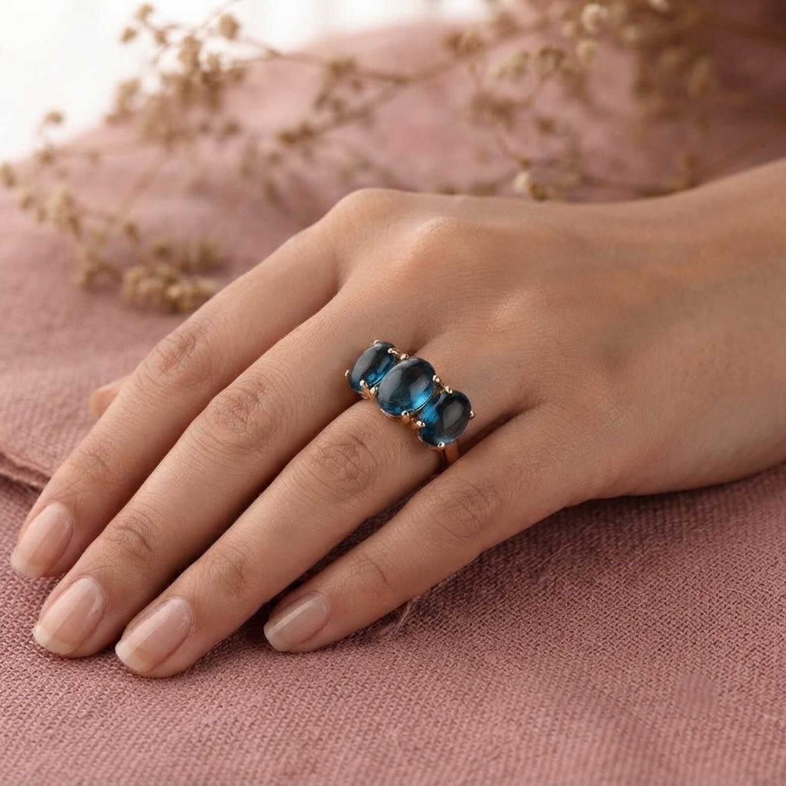 Oval Cut London Blue Topaz Solid Gold Wedding Ring Women 14kHandmade Art Deco Cluster Ring, Dainty Minimalist Gold Gemstone Gift For Her