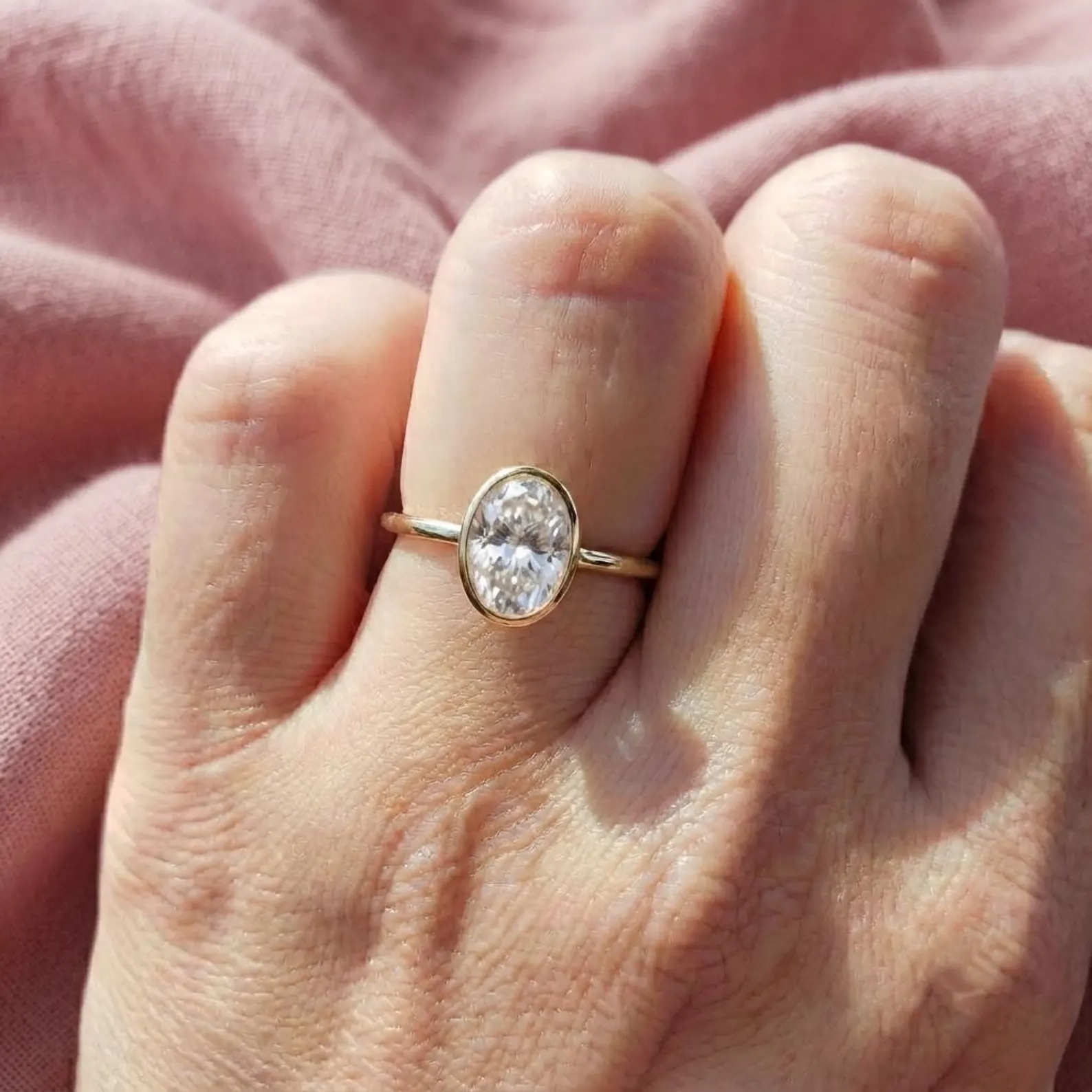 Elegant Oval Moissanite Bezel Set Engagement Ring | 14K Gold Solitaire Ring | Modern Minimalist Proposal Ring | Anniversary Gift