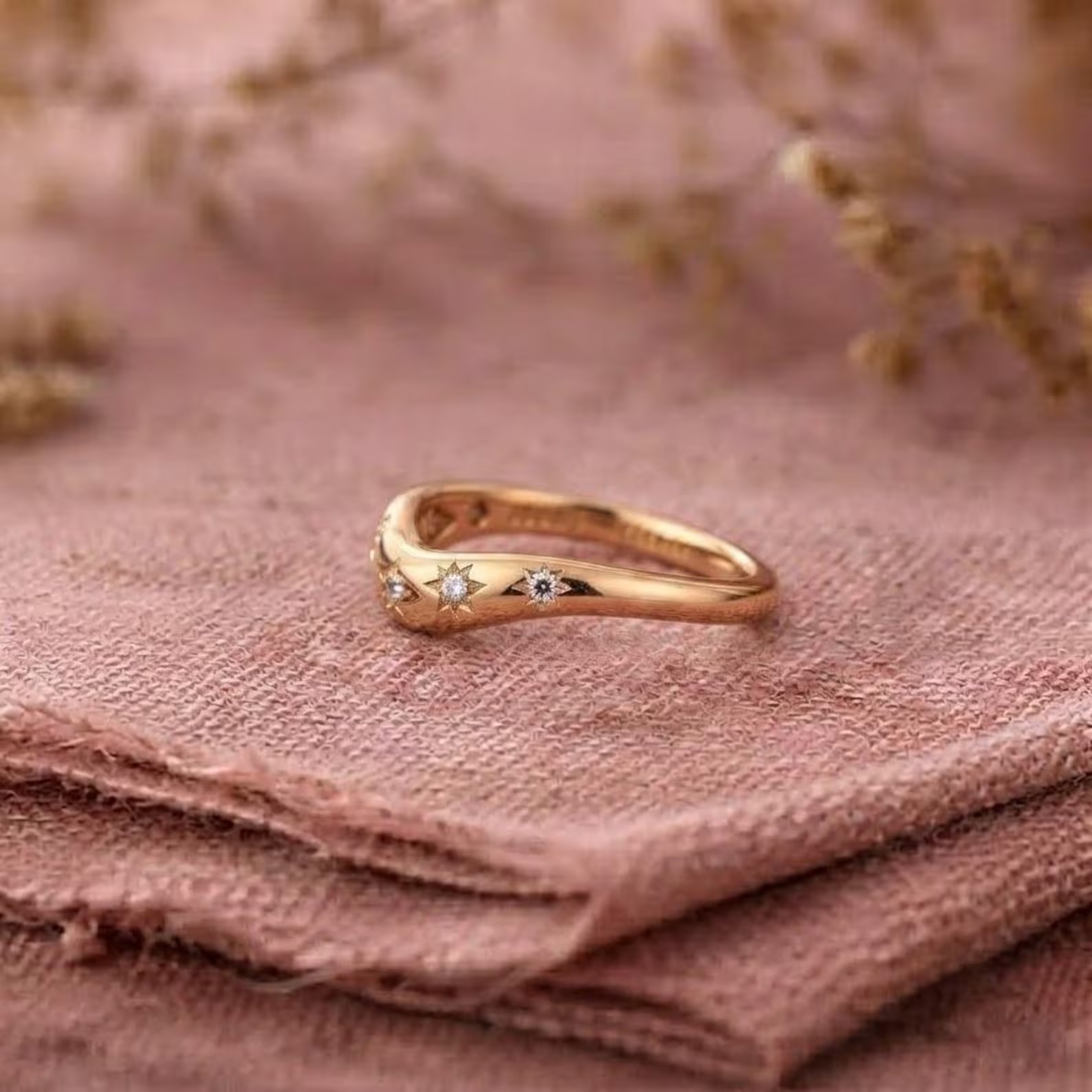 14K Gold Celestial Curved Wedding Band, Moissanite Starburst Curved Band, Half Eternity Celestial Ring For Women, Curved Diamond Star Ring