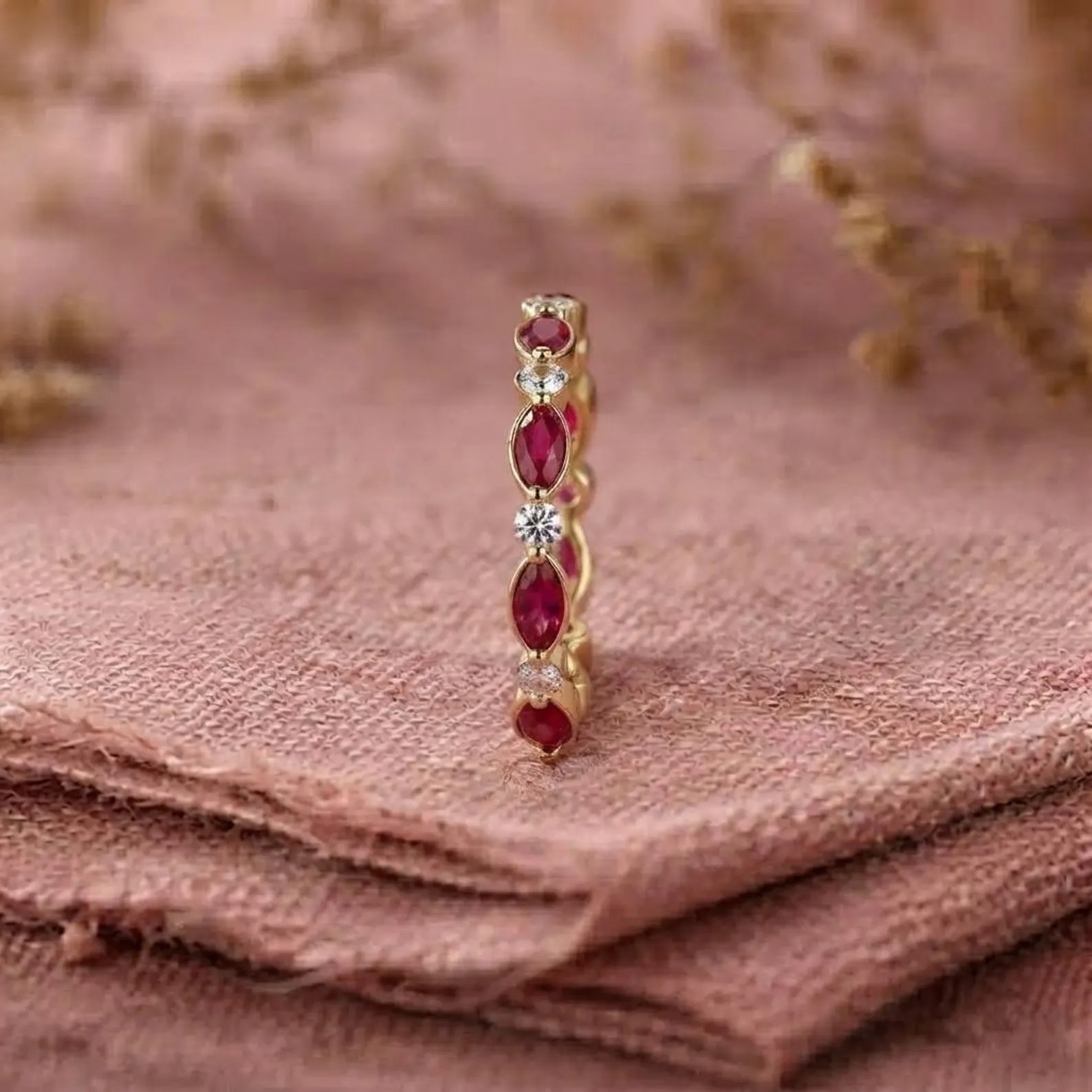 Ruby Eternity Diamond Band, Gold Ruby Wedding Band, Marquise Ruby Stackable Ring, Gemstone Band, Anniversary Ring, Romantic Gift for Her