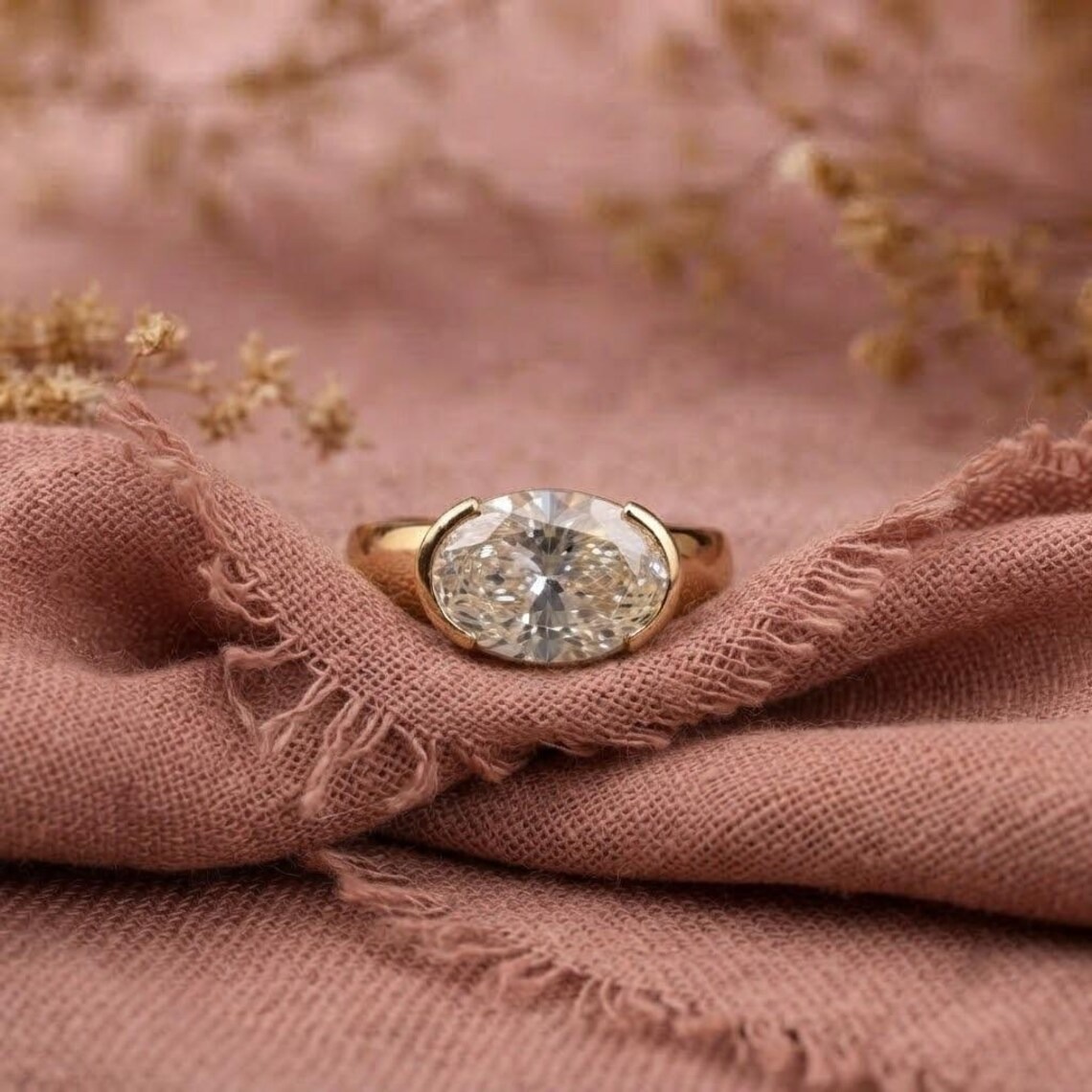 Oval Cut Moissanite Engagement Ring, 14K Yellow Gold Half Bezel Set Ring, Solitaire Wedding Ring, East To West Oval Cut Ring, Signet Ring