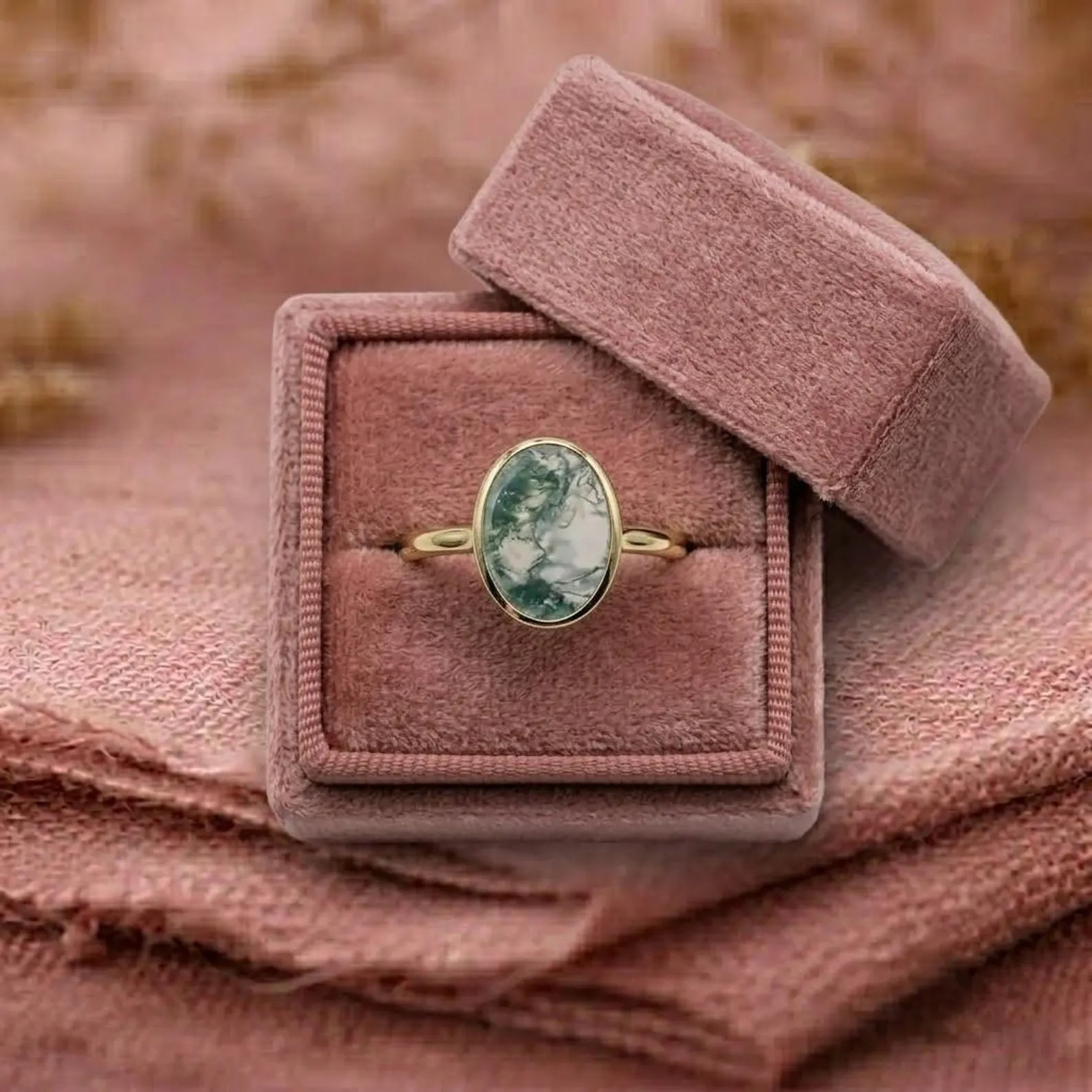 Vintage Oval Cut Green Moss Agate Engagement Ring, Unique Bezel Set Ring Solitaire Ring, Rose Gold Anniversary Ring, Promise Ring For Her