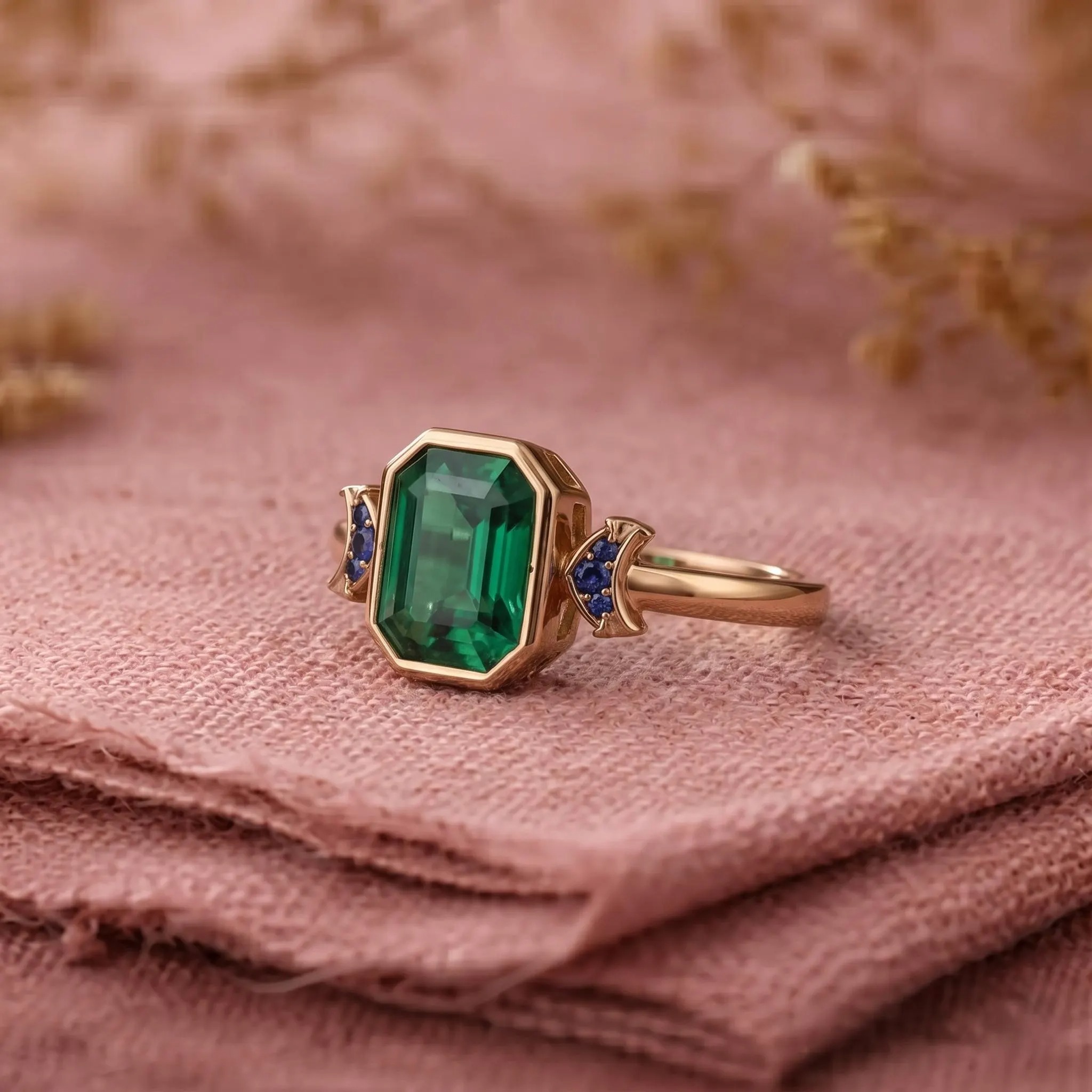 Green Emerald Ring, Green Gemstone Ring, Emerald Cut Engagement Ring, Vintage Ring, Blue Accent Ring, Promise Ring, Anniversary Gift For Her