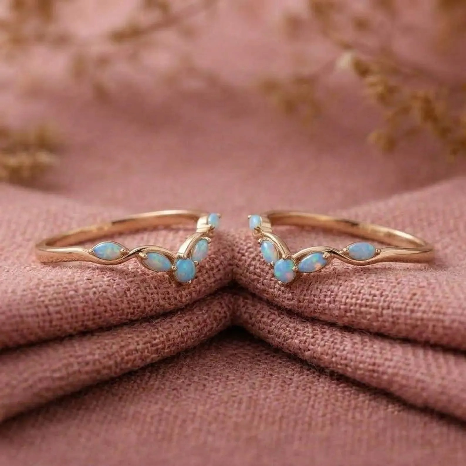 Vintage Curved Opal Wedding Band, 9k Rose Gold Art Deco Stacking Band, Women Birthstone Anniversary Gift Ring, Marquise Cut Dainty Opal Ring