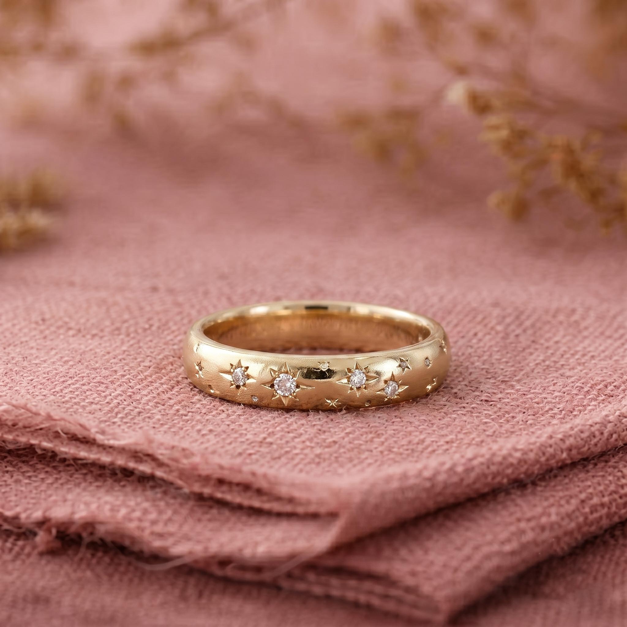 14K Solid Gold Diamond Starburst Wedding Band , Eternity Diamond Band, Star Engraved Stacking Ring, Celestial Ring For Women, Proposal Rings