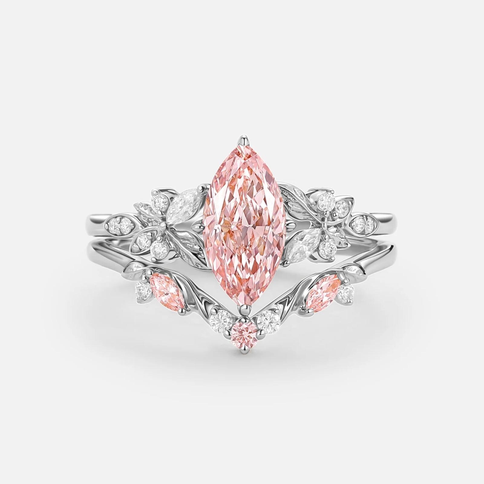 Vintage Pink Marquise Sapphire Bridal Ring Set / Rose Gold Floral Engagement Ring Set, Vintage Leaf Diamond Cluster Wedding Band, Bridal Set