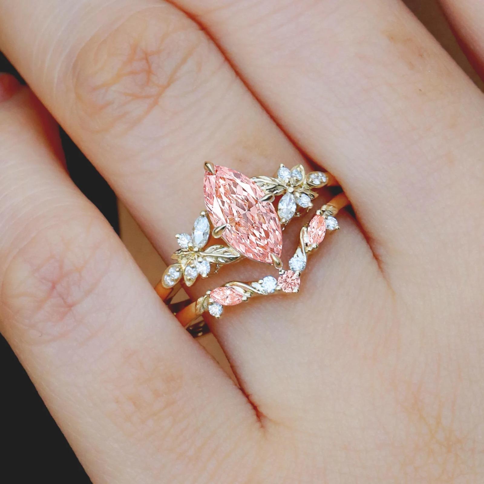 Vintage Pink Marquise Sapphire Bridal Ring Set / Rose Gold Floral Engagement Ring Set, Vintage Leaf Diamond Cluster Wedding Band, Bridal Set