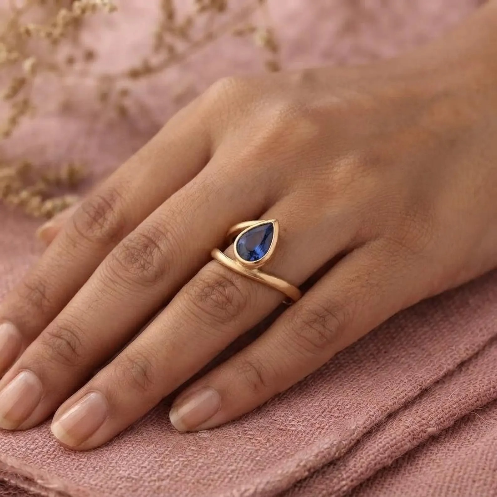 Pear Cut Blue Sapphire Ring, 14k Rose Gold Bypass Ring, Handmade Ring, Bezel Set Solitaire Blue Gemstone Ring, Anniversary Gift For Her