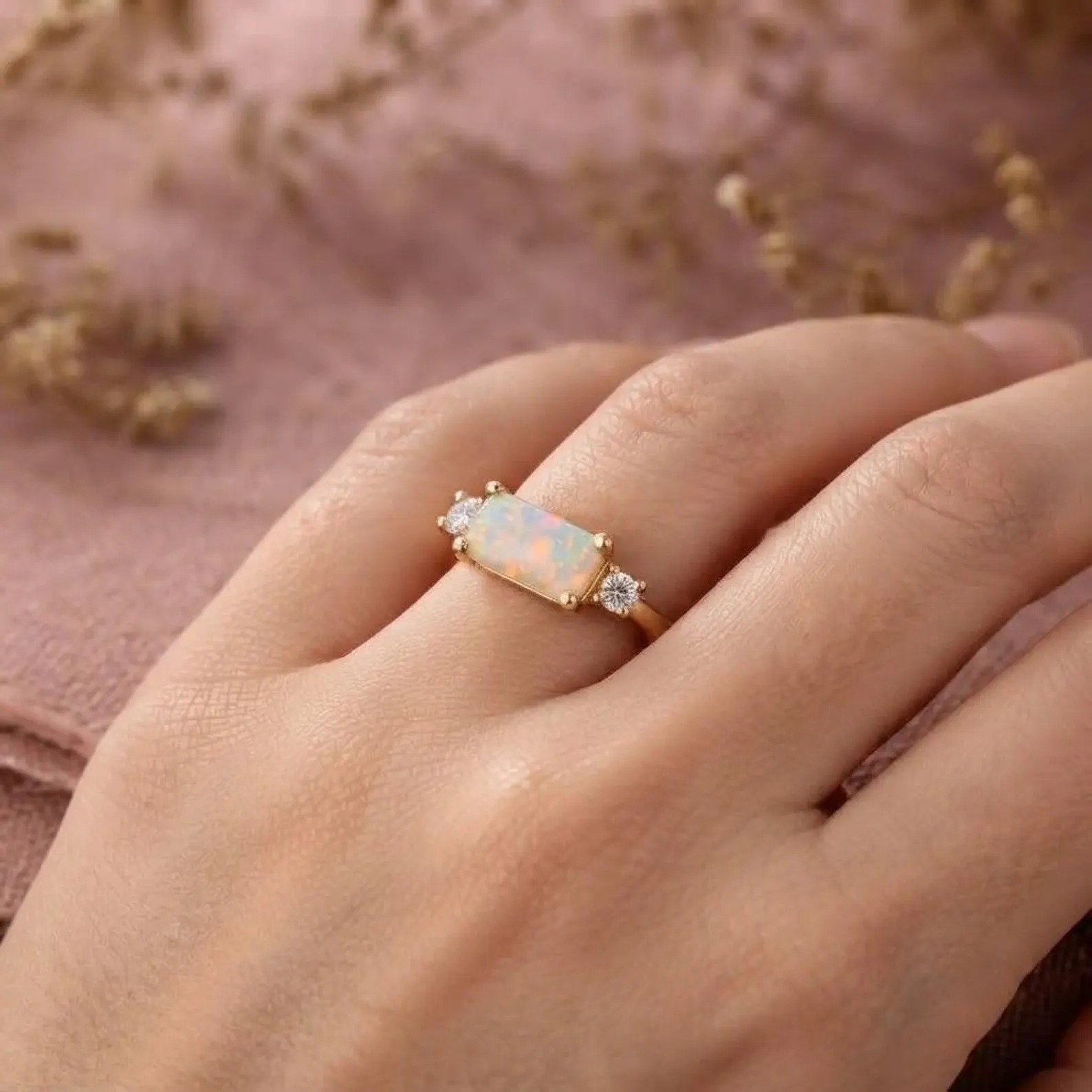 Minimalist Opal Ring Rose Gold Three Stone Baguette Cut Opal Ring Dainty Moissanite Ring Engagement Ring Personalized Ring Gemstone Gift