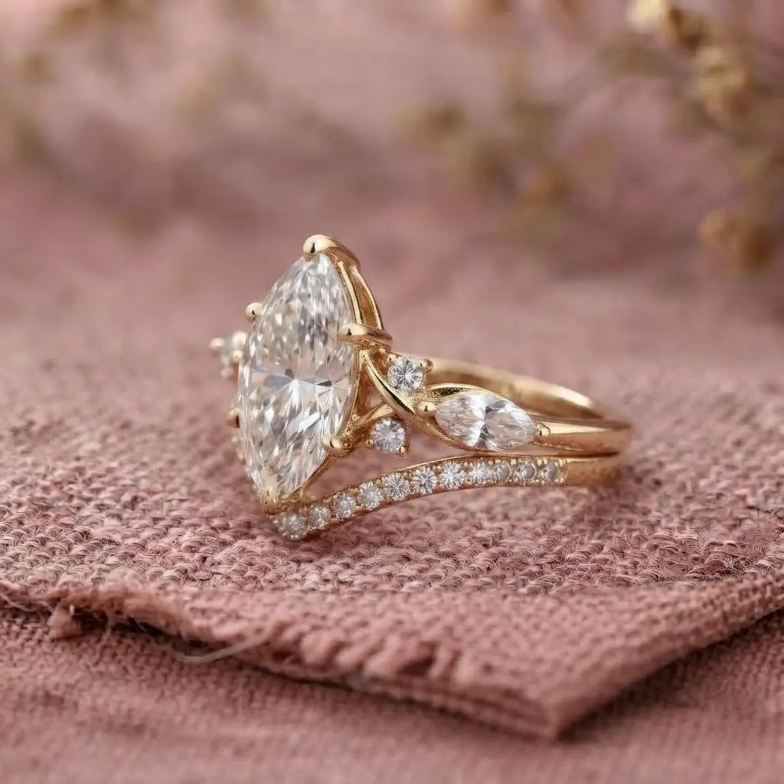 Marquise Cut Moissanite Engagement Ring Set, Gold Bridal Ring Set, Diamond Cluster Wedding Stacking Band, Anniversary Ring, Gift For Wife