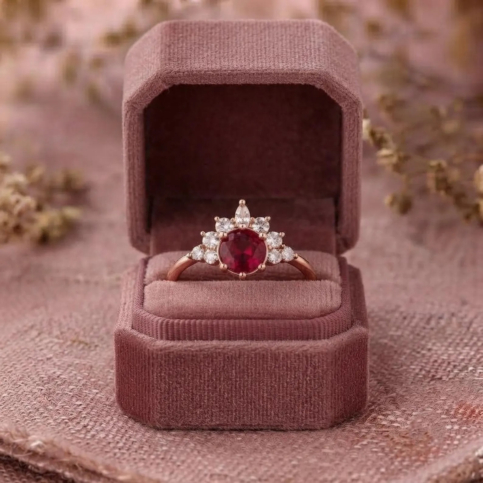 Ruby Engagement Ring, Rose Gold Cluster Ring, Red Round Gemstone Bridal Ring, Vintage Inspired Diamond Promise Ring, Romantic Gift For Her