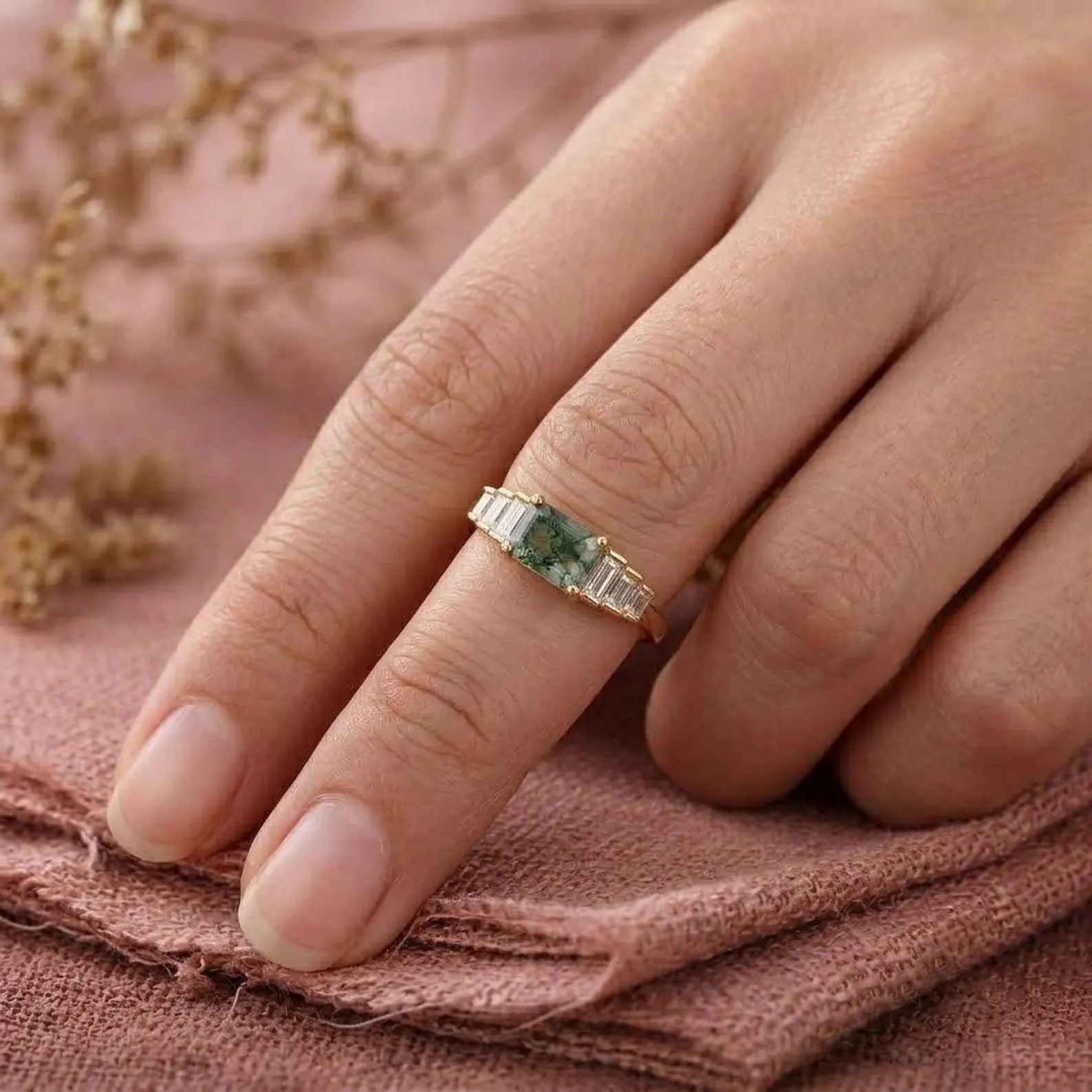 Vintage Baguette Cut Moss Agate Ring, Natural Agate Engagement Ring, Diamond Cluster Ring, Unique Christmas Ring, Personalized Custom Gifts