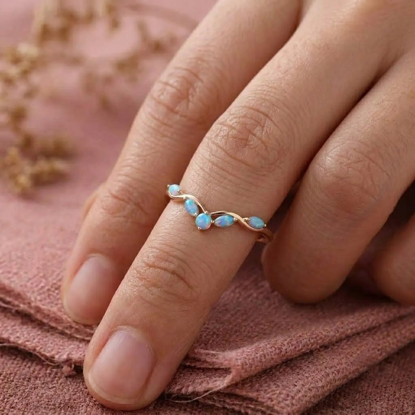 Vintage Curved Opal Wedding Band, 9k Rose Gold Art Deco Stacking Band, Women Birthstone Anniversary Gift Ring, Marquise Cut Dainty Opal Ring