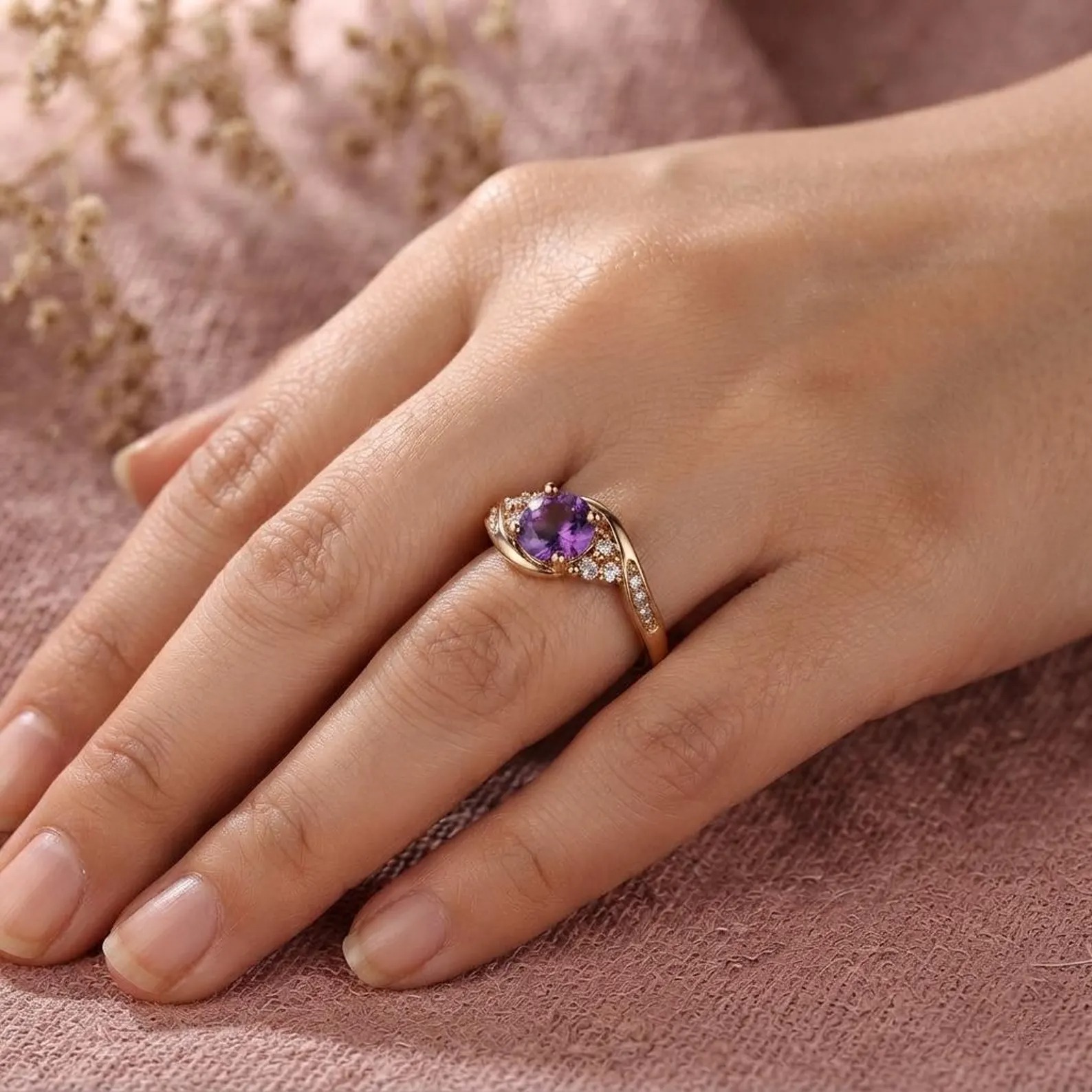 Purple Amethyst Gold Ring, Floral Gemstone Gift Ring, Vintage Inspired Diamond Cluster Ring, Statement Ring, Round Amethyst Engagement Ring
